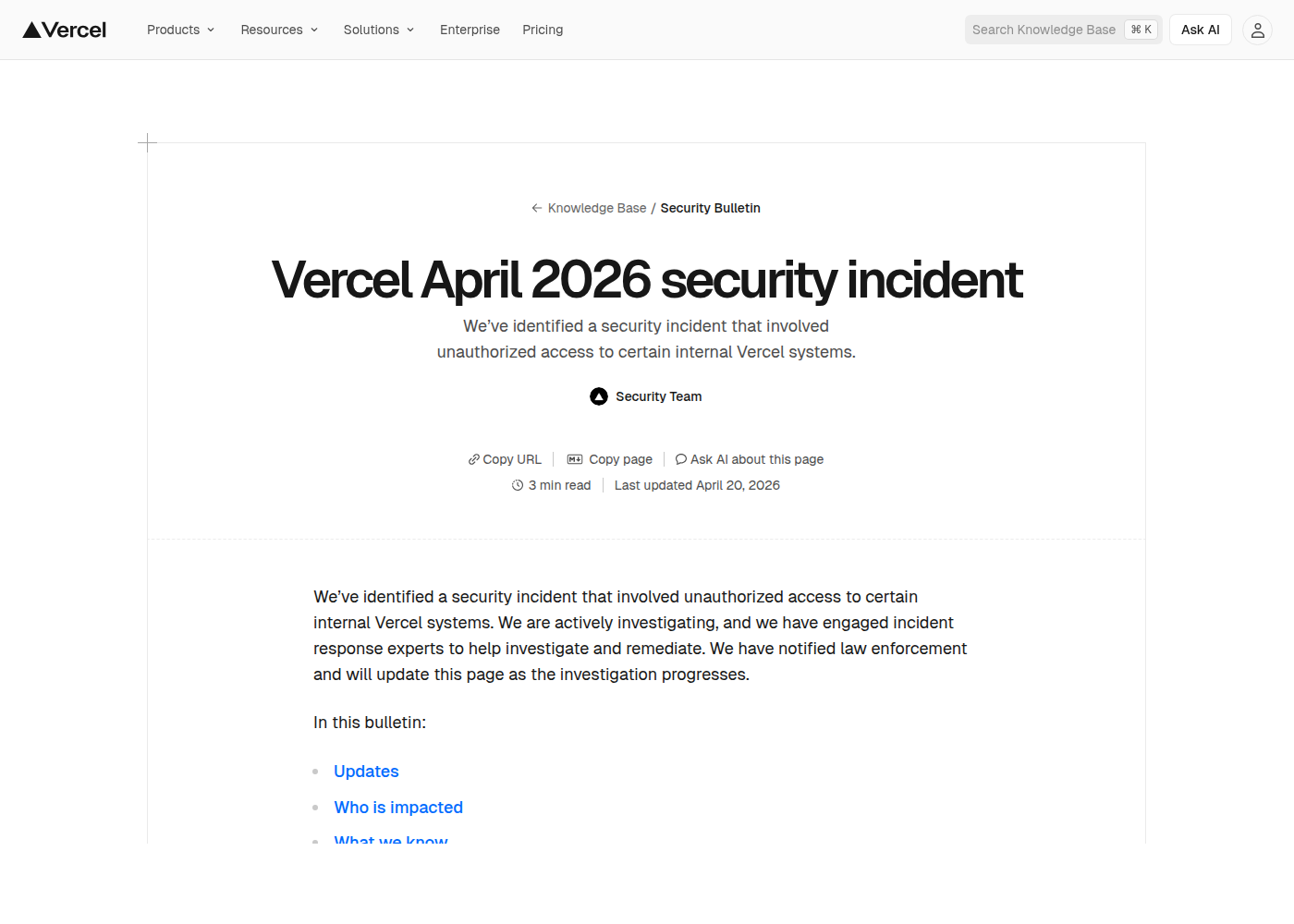 Официальный бюллетень Vercel April 2026 security incident