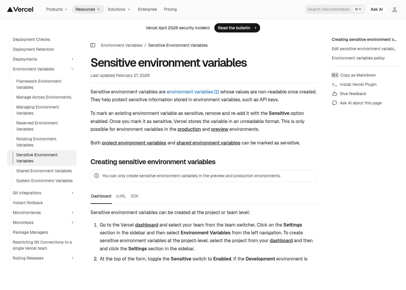 Документация Vercel о sensitive environment variables