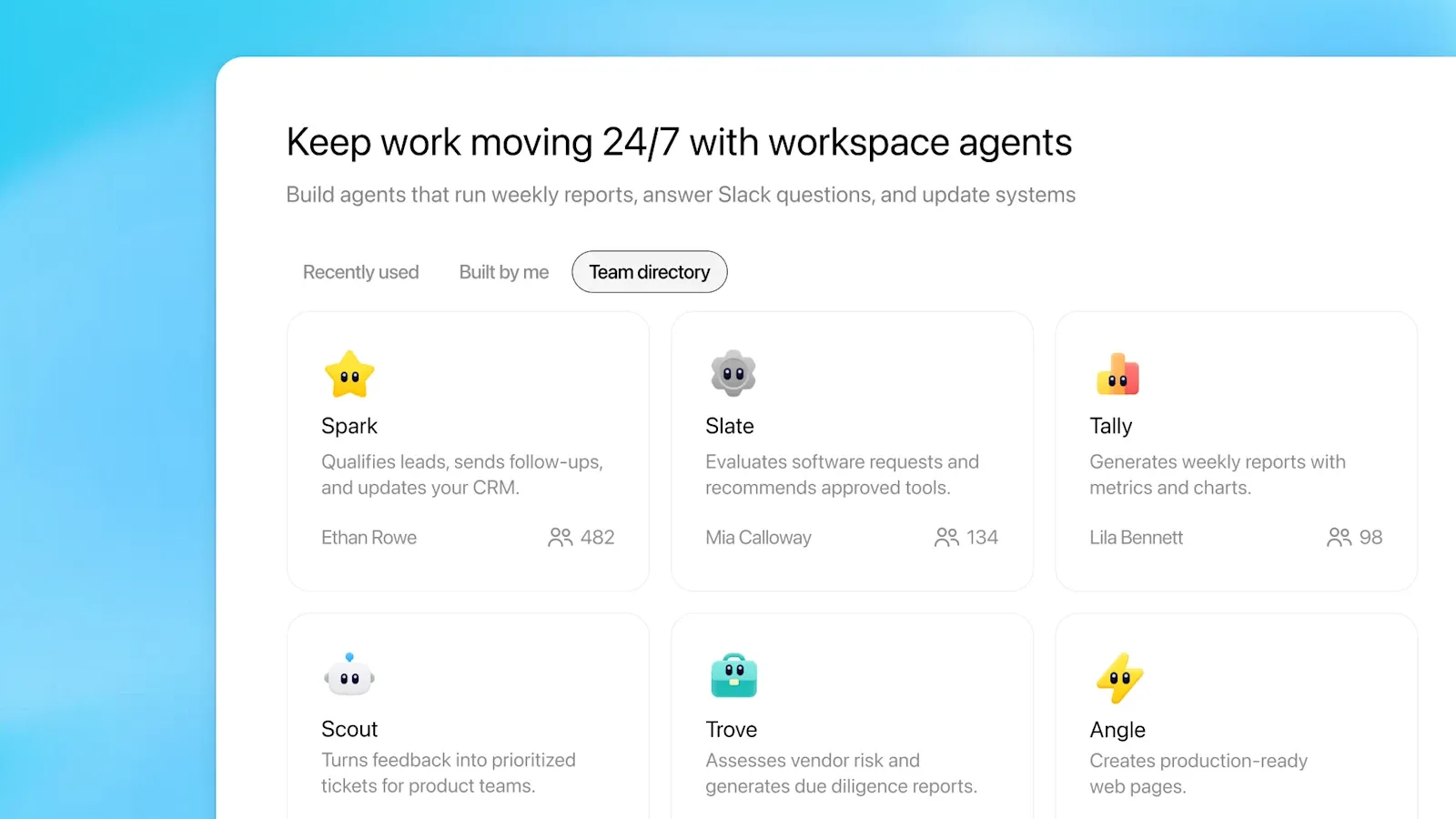 Каталог OpenAI Workspace Agents с агентами Spark, Slate, Tally, Scout, Trove и Angle