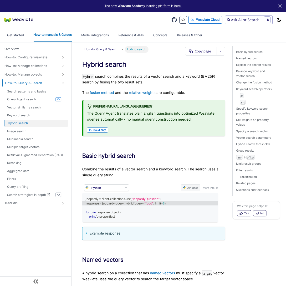 Страница Hybrid search в документации Weaviate с описанием BM25F, fusion method и relative weights