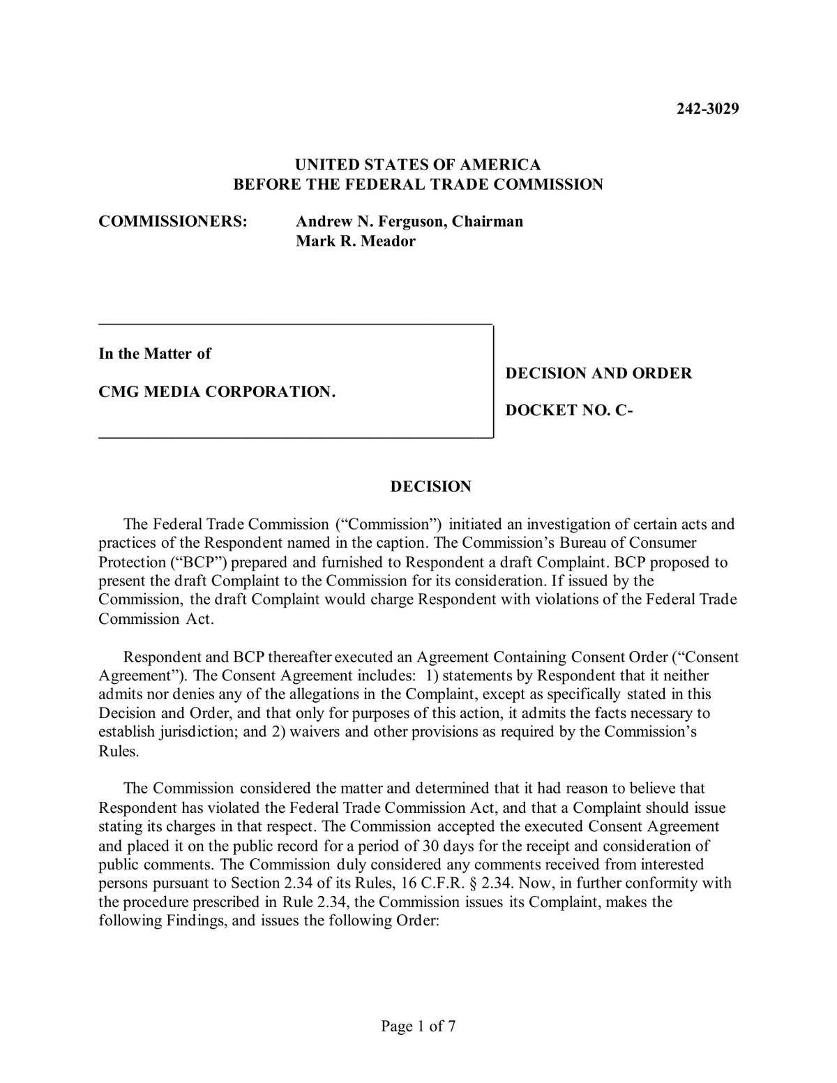 Первая страница proposed Decision and Order FTC по CMG Media Corporation