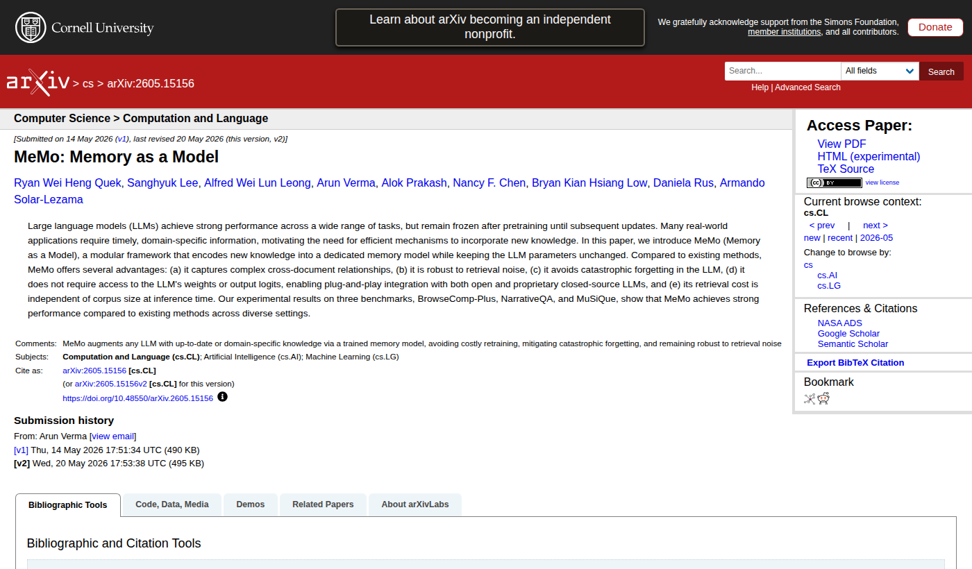 Страница arXiv с препринтом MeMo: Memory as a Model и аннотацией о dedicated memory model