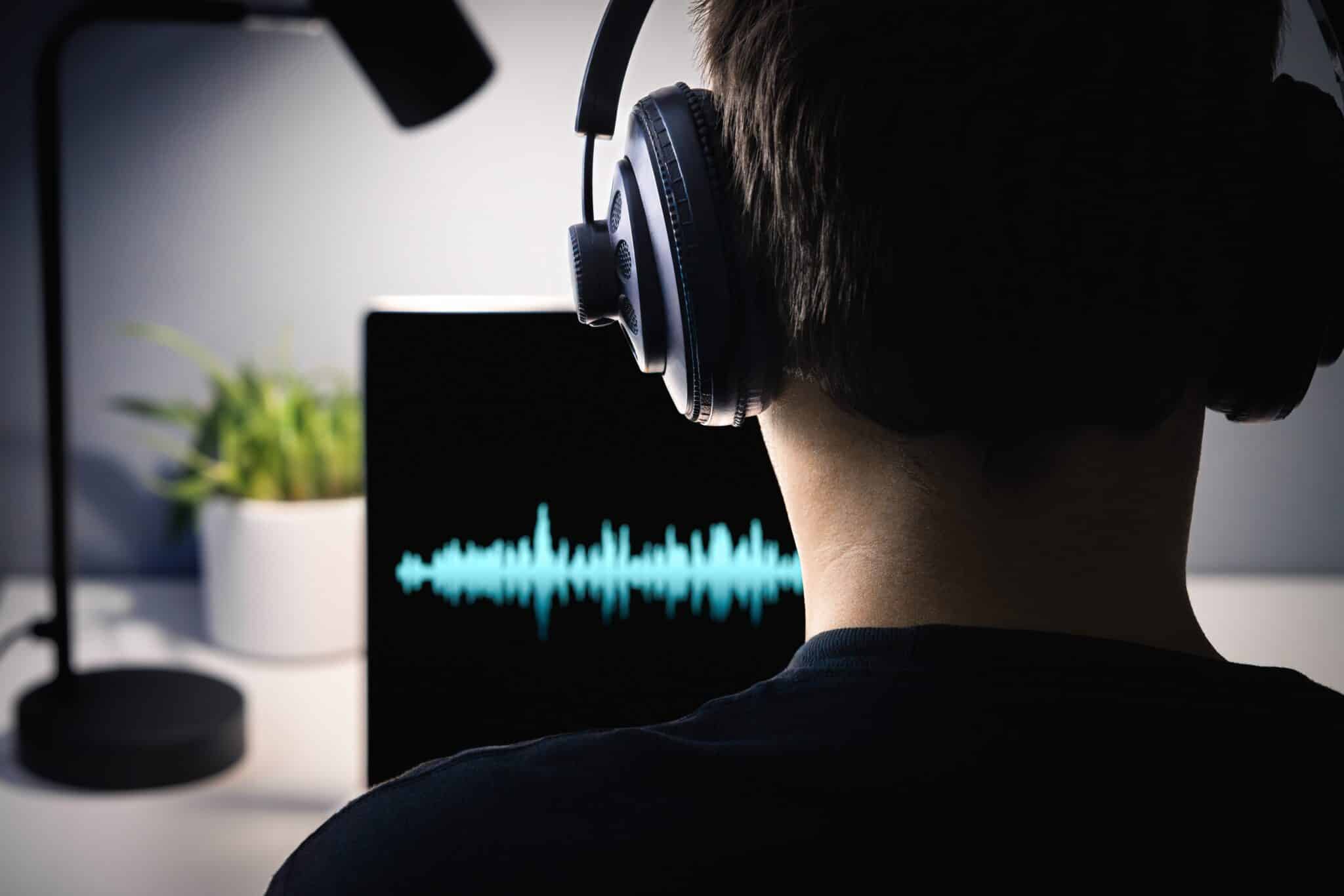 Человек в наушниках смотрит на аудиоволну на экране, иллюстрация риска voice cloning