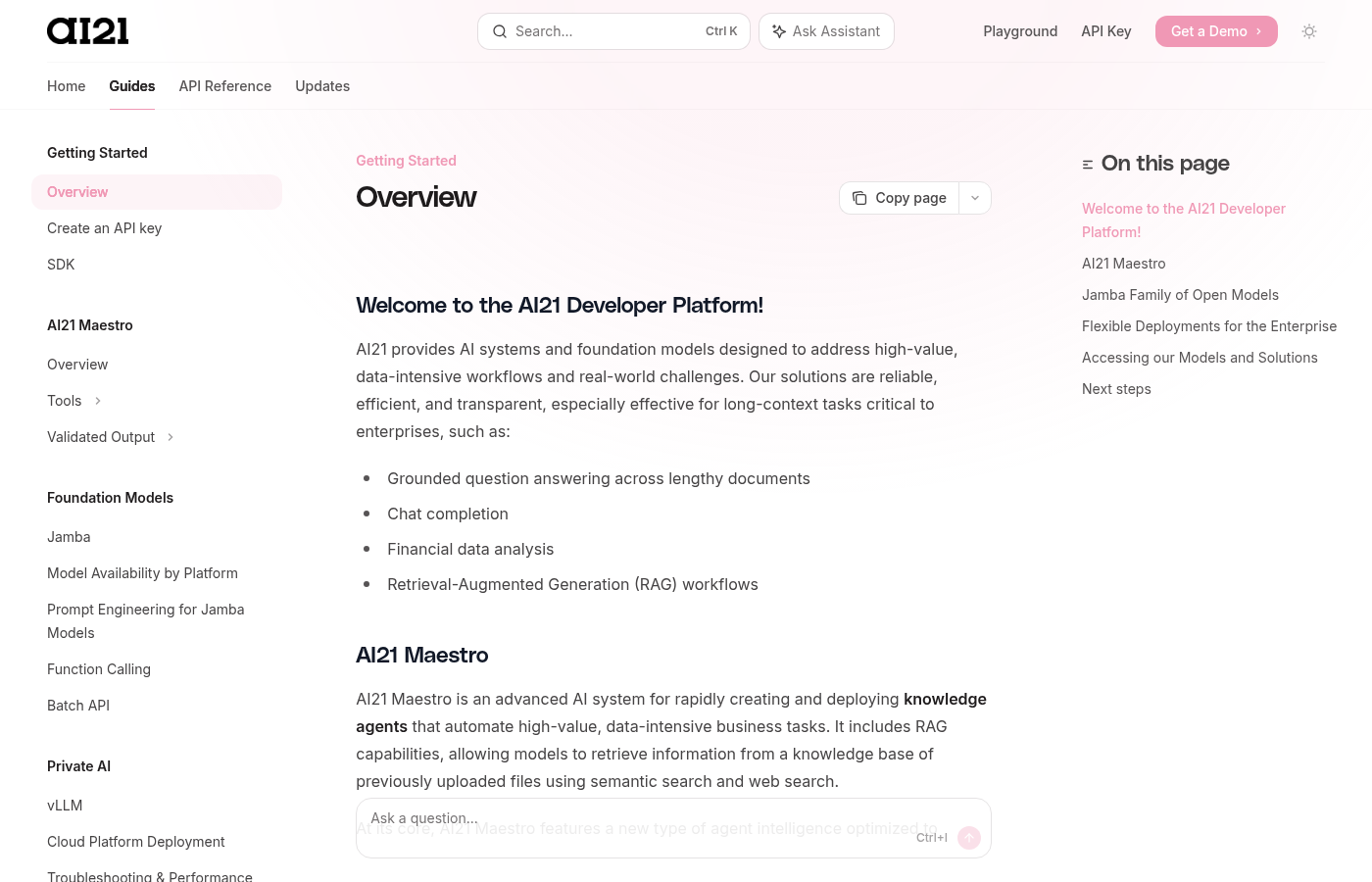 Скриншот документации AI21 Developer Platform с разделом AI21 Maestro
