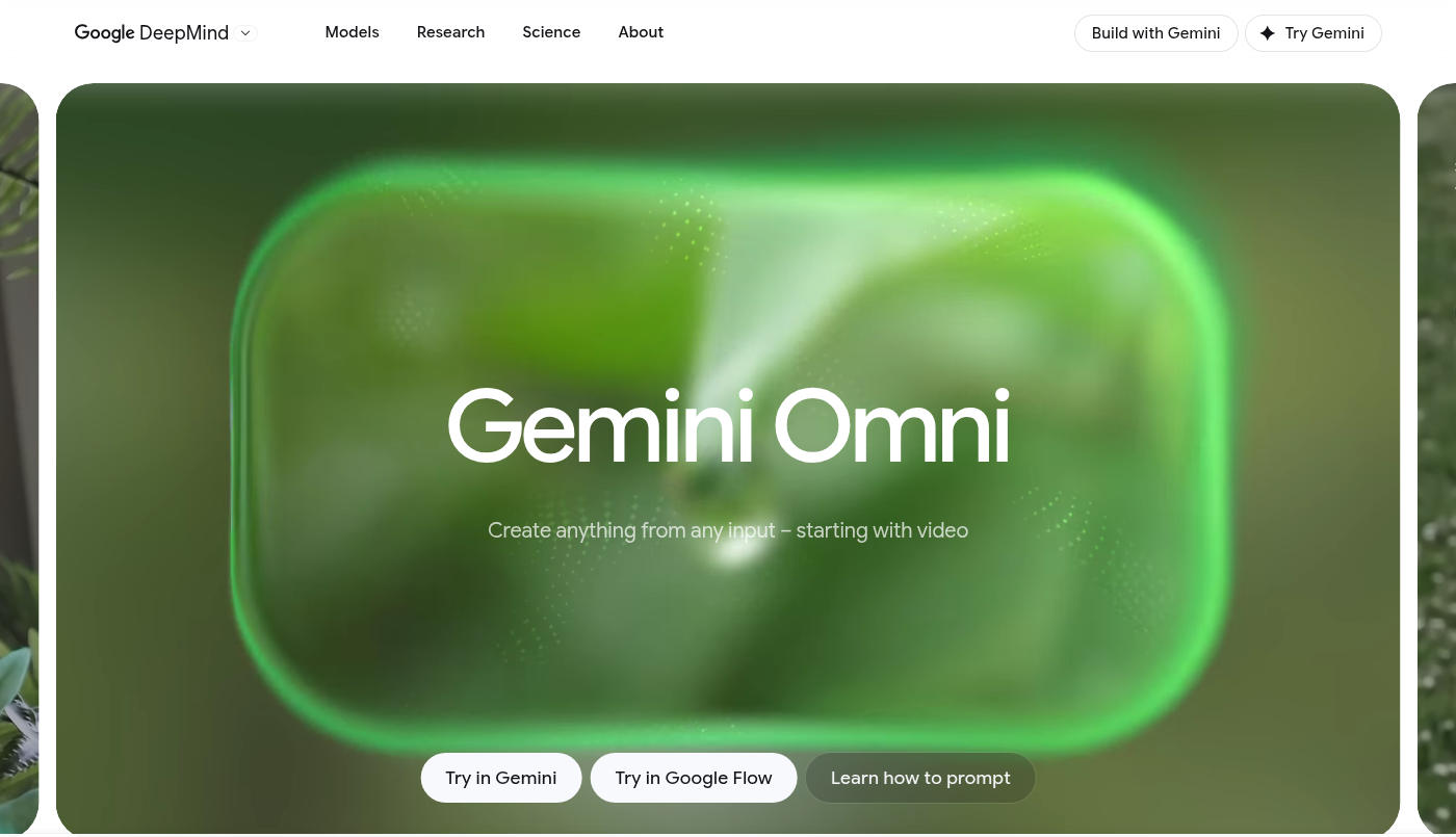 Скриншот страницы Google DeepMind Gemini Omni с описанием модели для генерации видео из разных входов