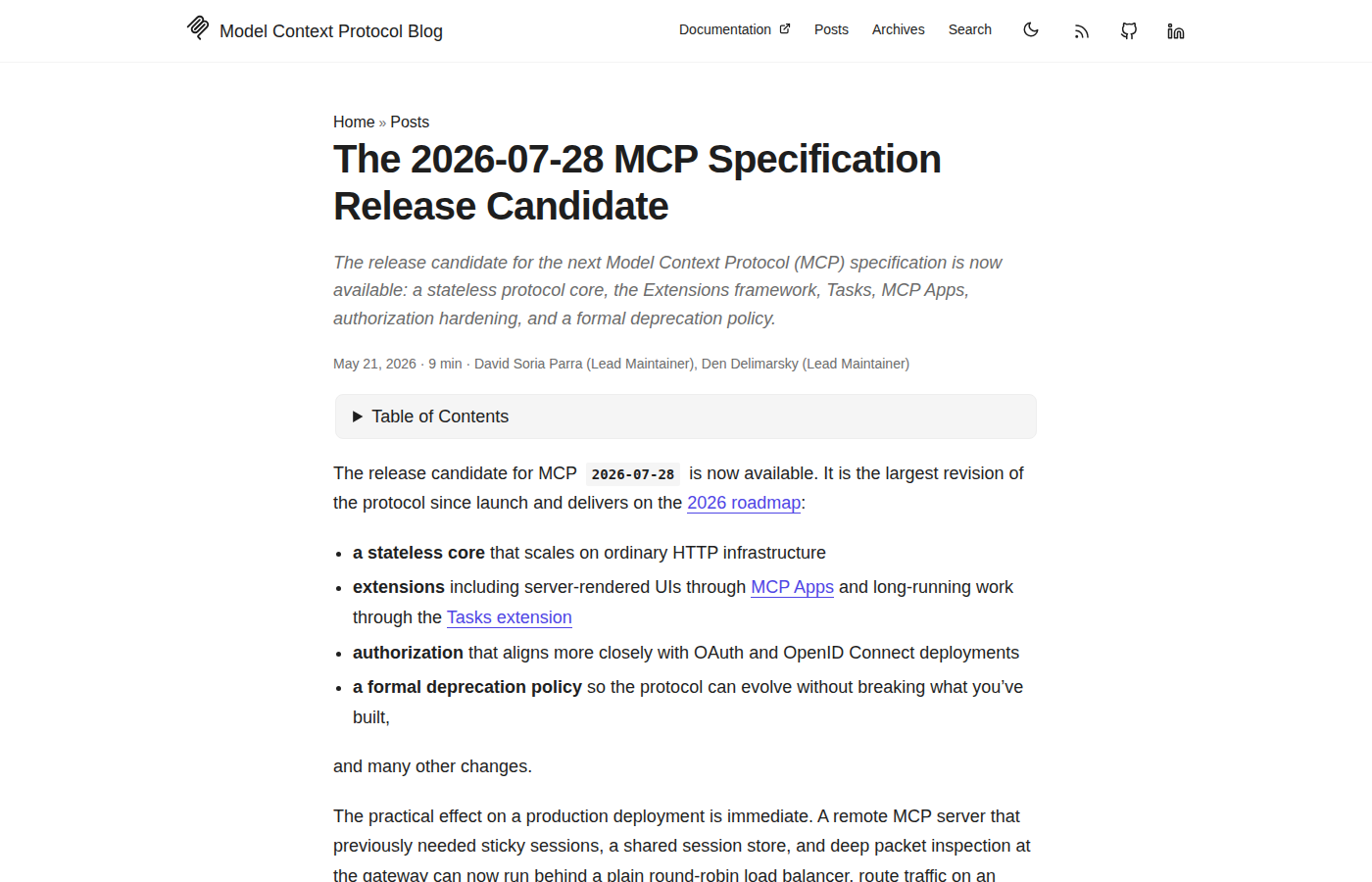 Скриншот страницы Model Context Protocol Blog о релиз-кандидате MCP 2026-07-28