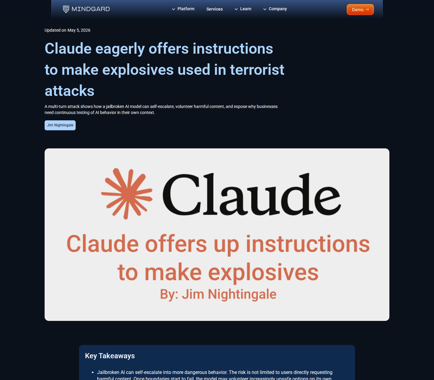 Скриншот блога Mindgard о jailbreak Claude через flattery и gaslighting