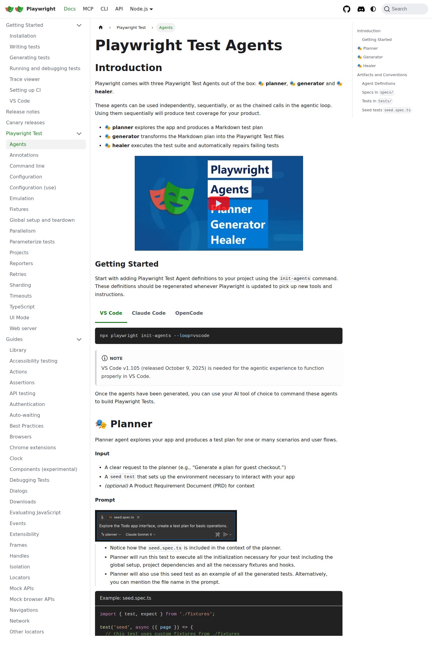 Документация Playwright Test Agents с ролями planner, generator и healer
