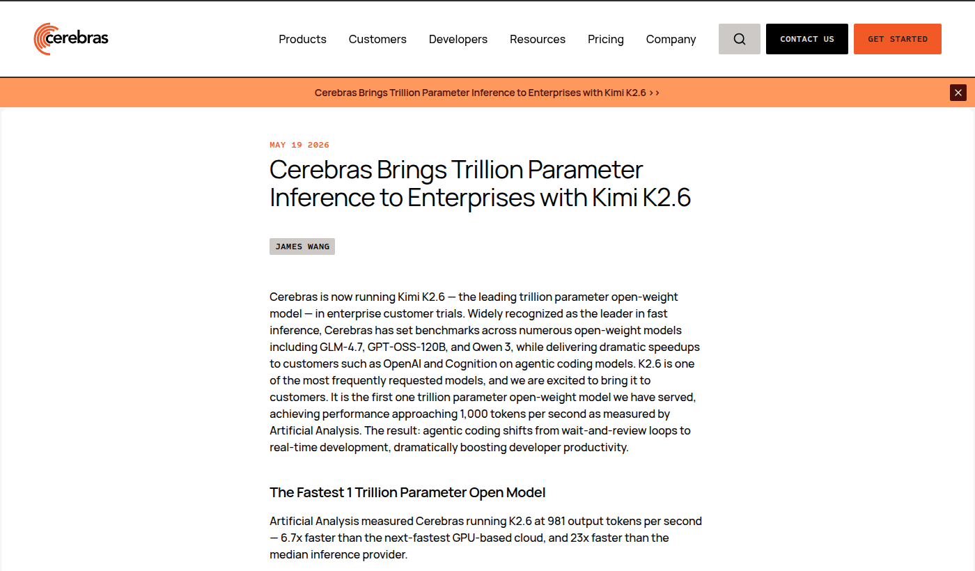 Скриншот официального поста Cerebras о запуске Kimi K2.6 для enterprise inference