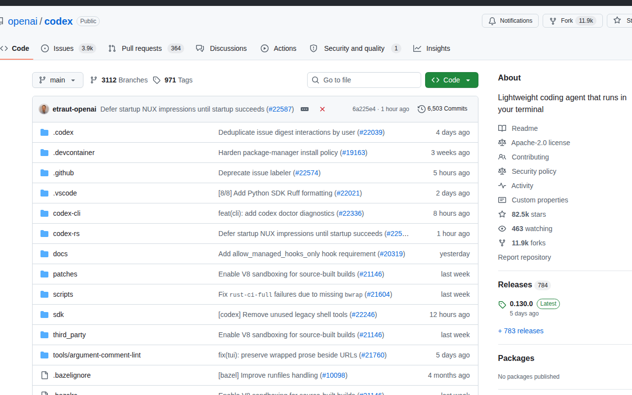Публичный репозиторий openai/codex на GitHub с релизом Codex CLI 0.130.0 в блоке Releases
