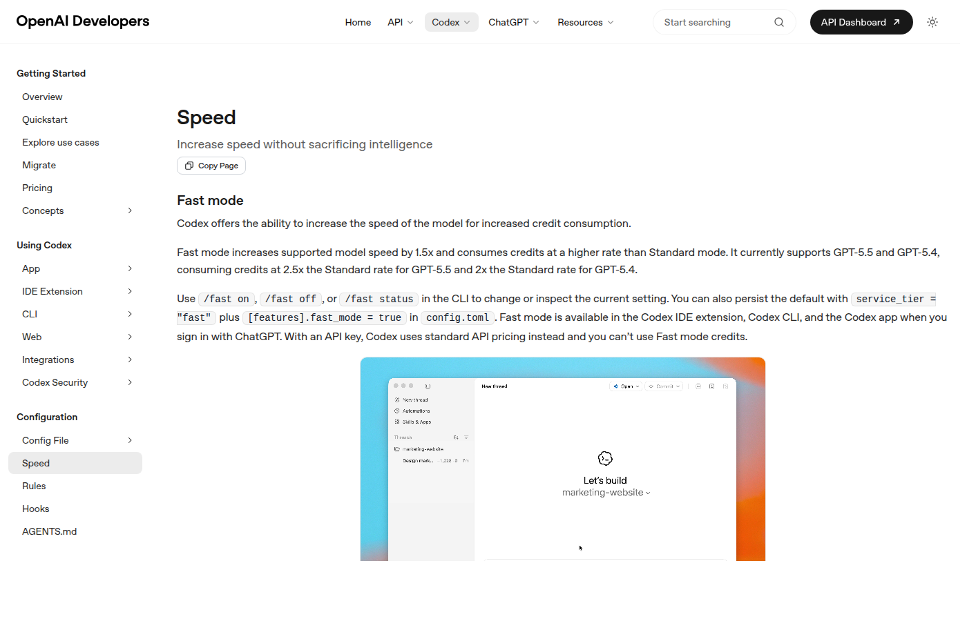 Документация OpenAI Developers про Fast Mode в Codex и повышенный расход кредитов