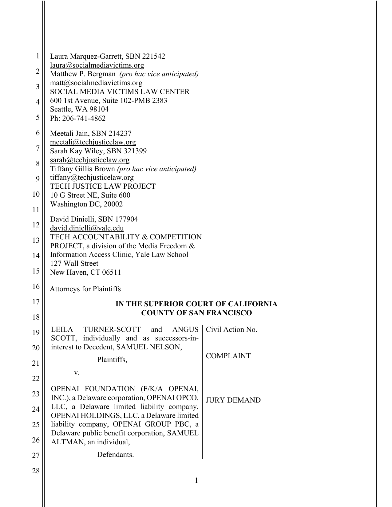 Титульная страница complaint Turner-Scott v. OpenAI Foundation et al. в Superior Court of California, County of San Francisco