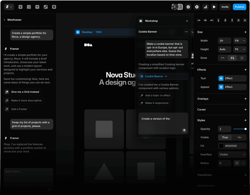 Интерфейс Framer AI Wireframer с чатом слева, редактором страницы в центре и настройками справа
