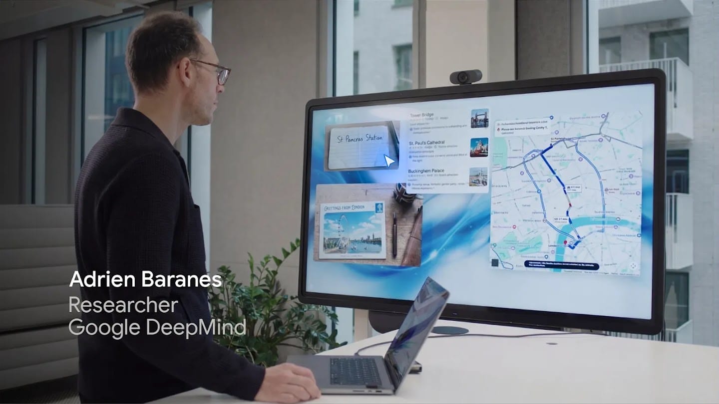 Исследователь Google DeepMind демонстрирует экспериментальную среду AI-enabled pointer на большом экране с картой и объектами