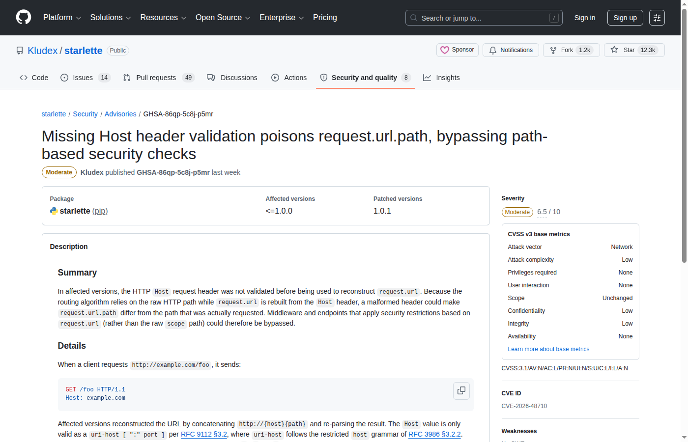 GitHub advisory GHSA-86qp-5c8j-p5mr по BadHost CVE-2026-48710 в Starlette