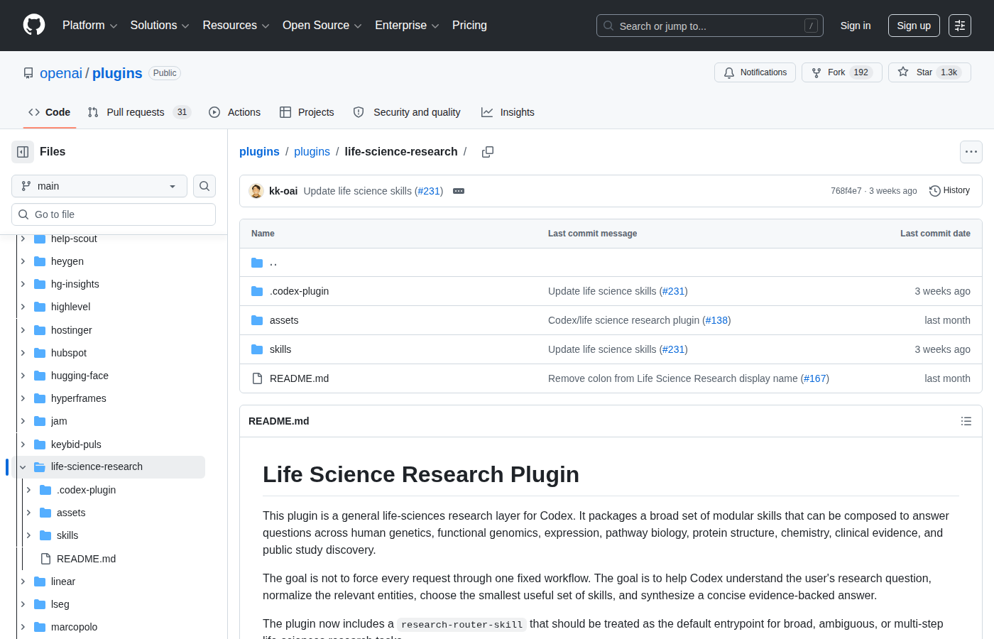 Скриншот GitHub-репозитория OpenAI с Life Science Research Plugin для Codex