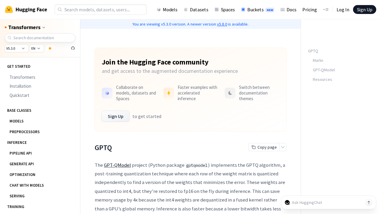 Документация Hugging Face Transformers о GPTQ с описанием int4 и восстановлением в fp16 на лету
