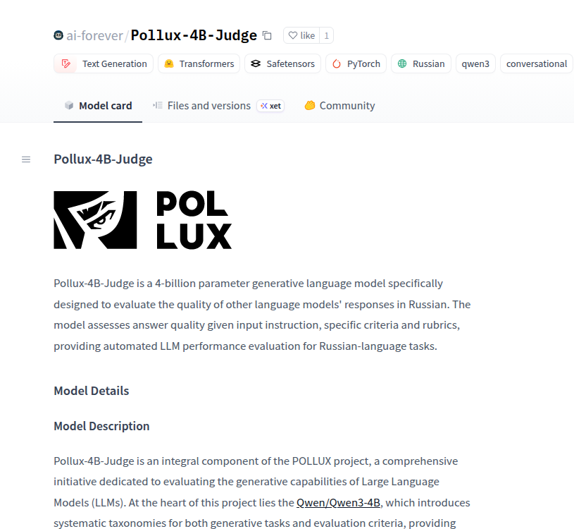 Карточка Hugging Face модели Pollux-4B-Judge с тегами qwen3, Russian и MIT license
