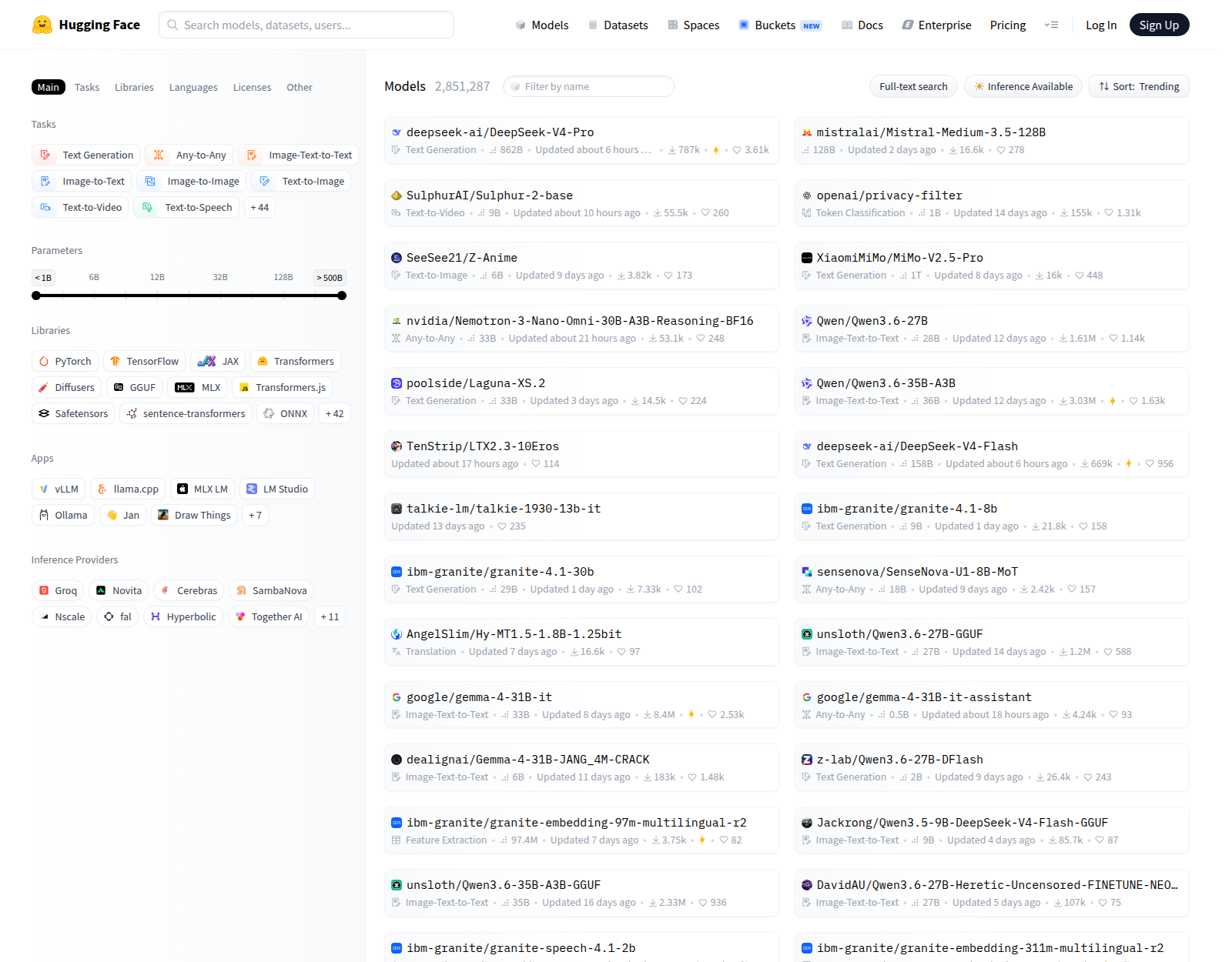 Каталог моделей Hugging Face с фильтрами по задачам, библиотекам и inference providers