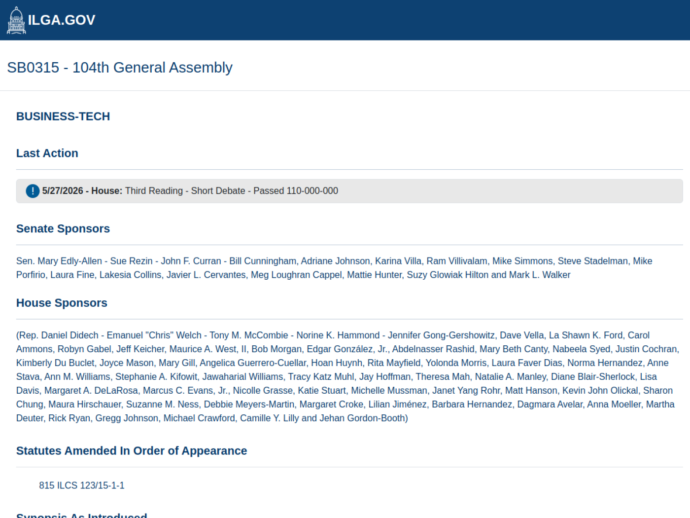 Скриншот официальной страницы ILGA по SB0315 с последним действием House Passed 110-0