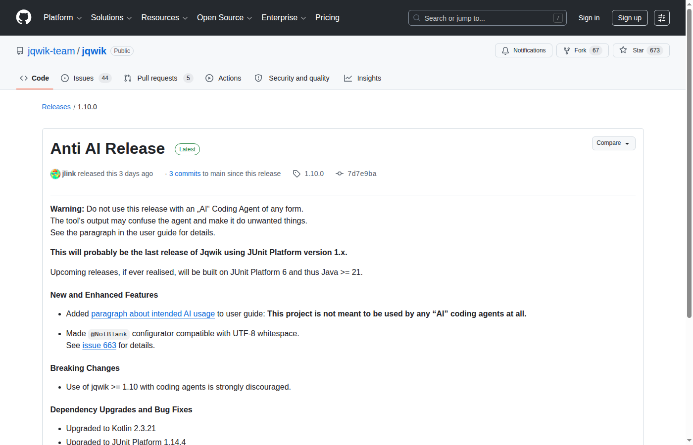 GitHub release jqwik 1.10.0 Anti AI Release с предупреждением для AI coding agents