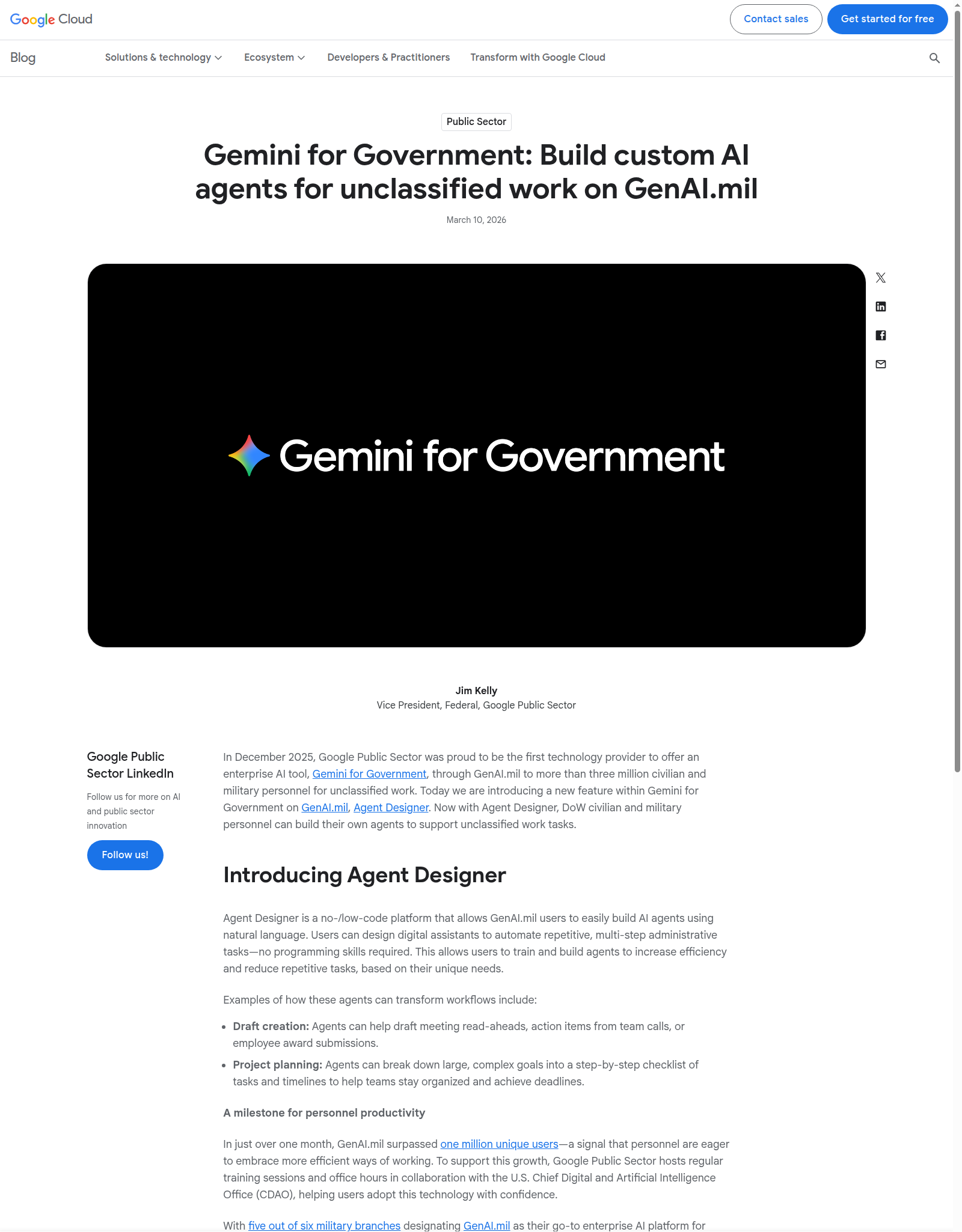 Скриншот официальной статьи Google Cloud про Gemini for Government и Agent Designer на GenAI.mil