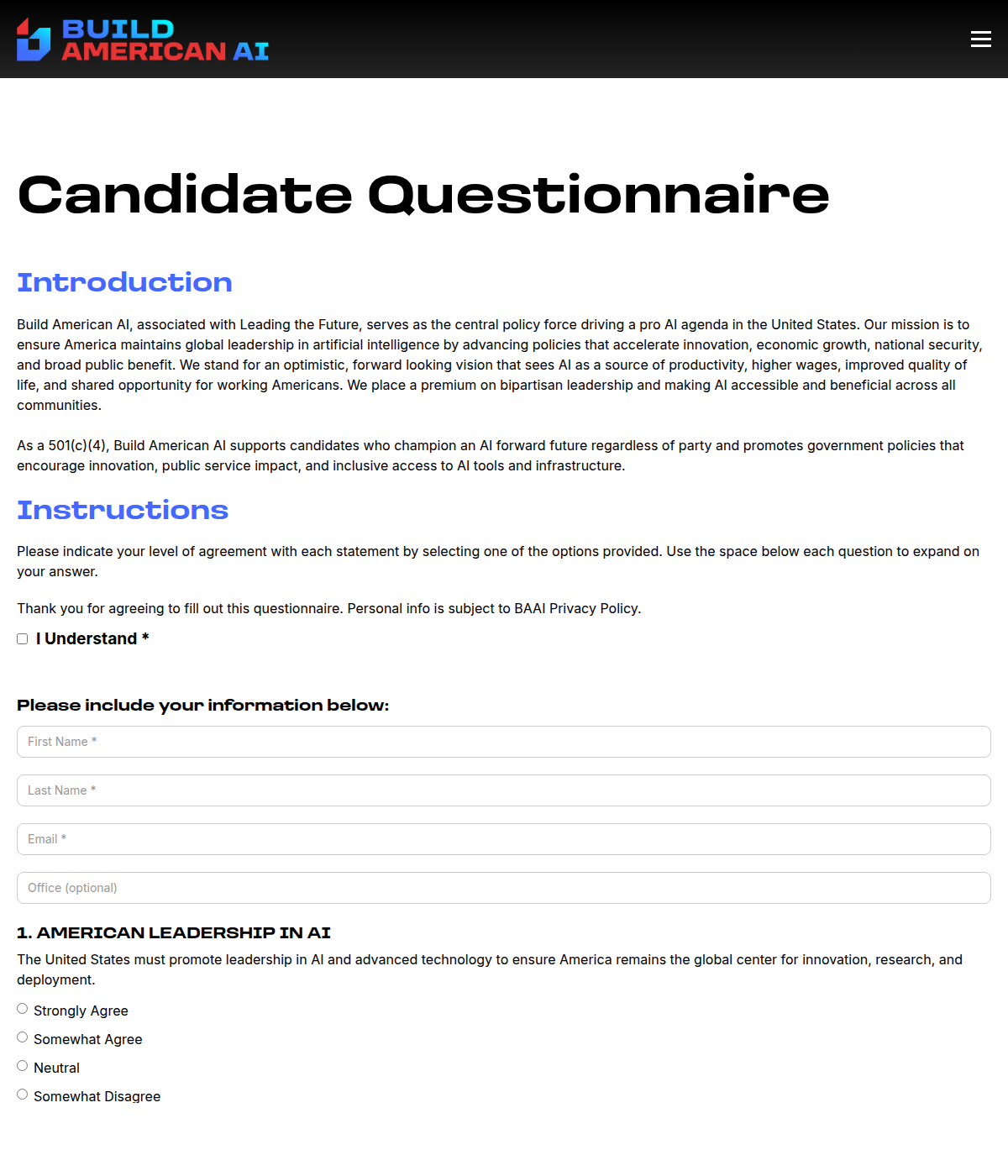 Скриншот Candidate Questionnaire на сайте Build American AI, где организация называет себя связанной с Leading the Future и продвигающей pro AI agenda