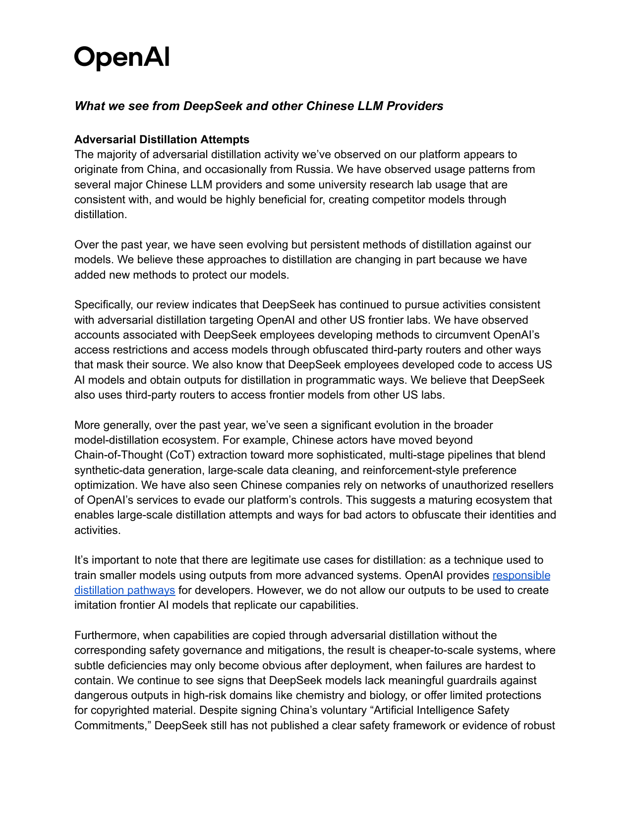 Официальная записка OpenAI в Конгресс США с разделом Adversarial Distillation Attempts