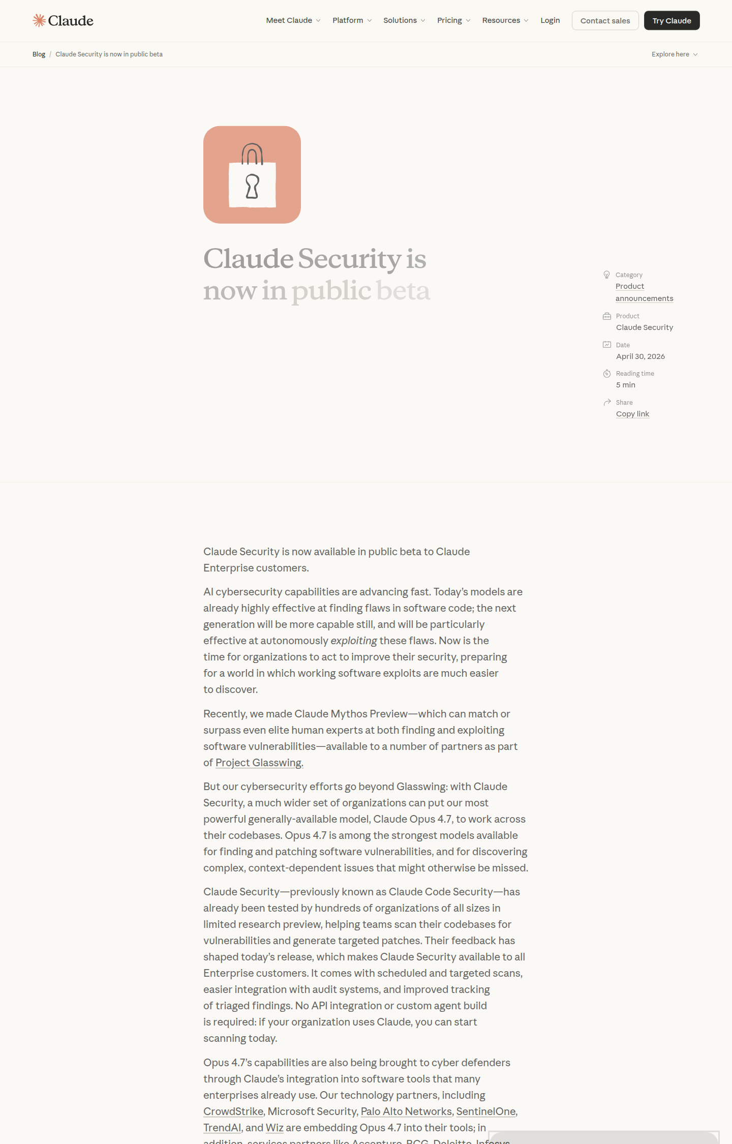 Скриншот страницы Claude Security is now in public beta с датой 30 апреля 2026 года и вводным текстом