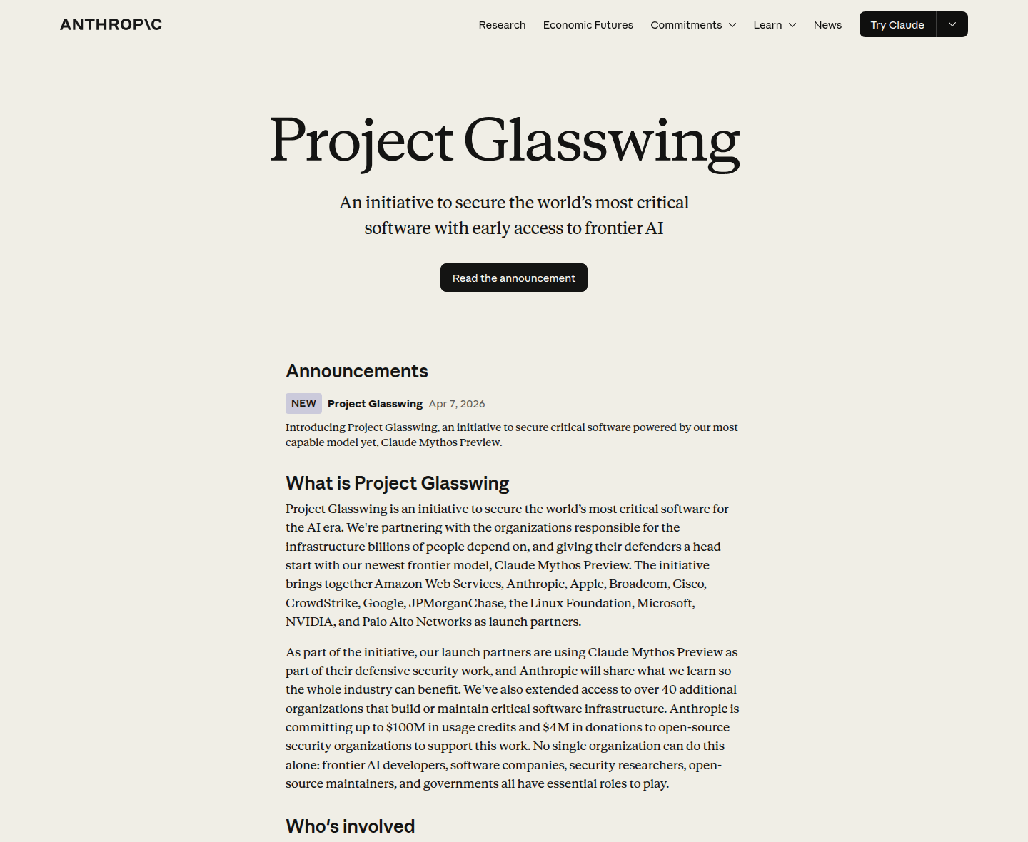 Скриншот страницы Project Glasswing с заголовком и описанием раннего доступа к Claude Mythos Preview