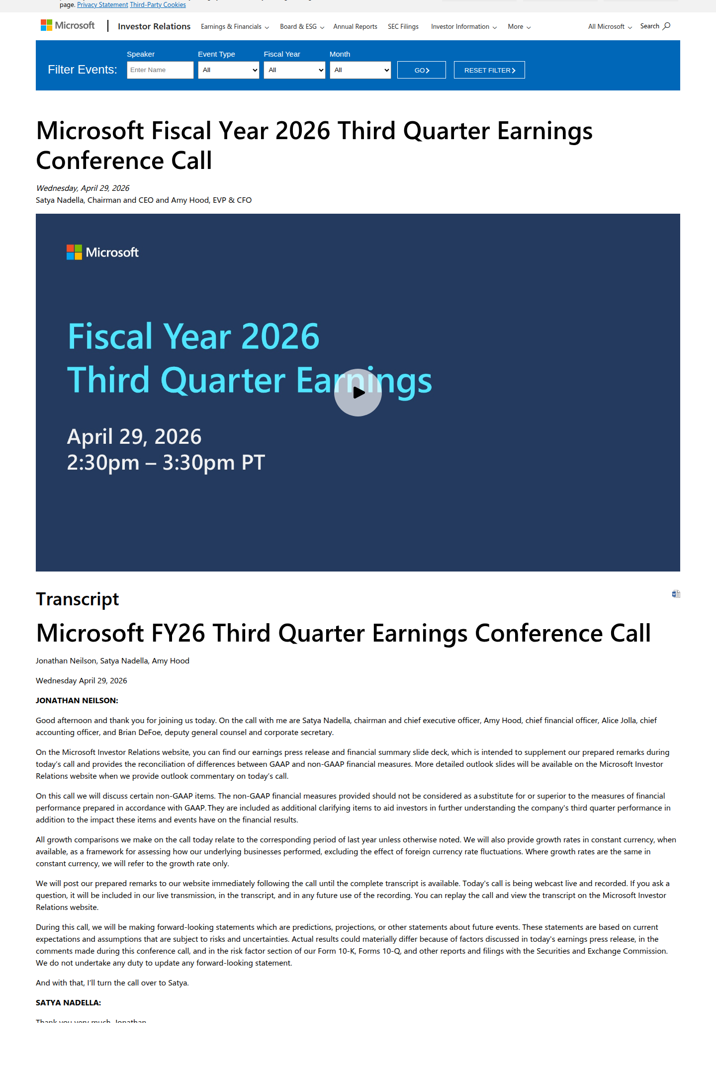 Официальная страница Microsoft FY26 Q3 earnings call с заголовком звонка и началом transcript