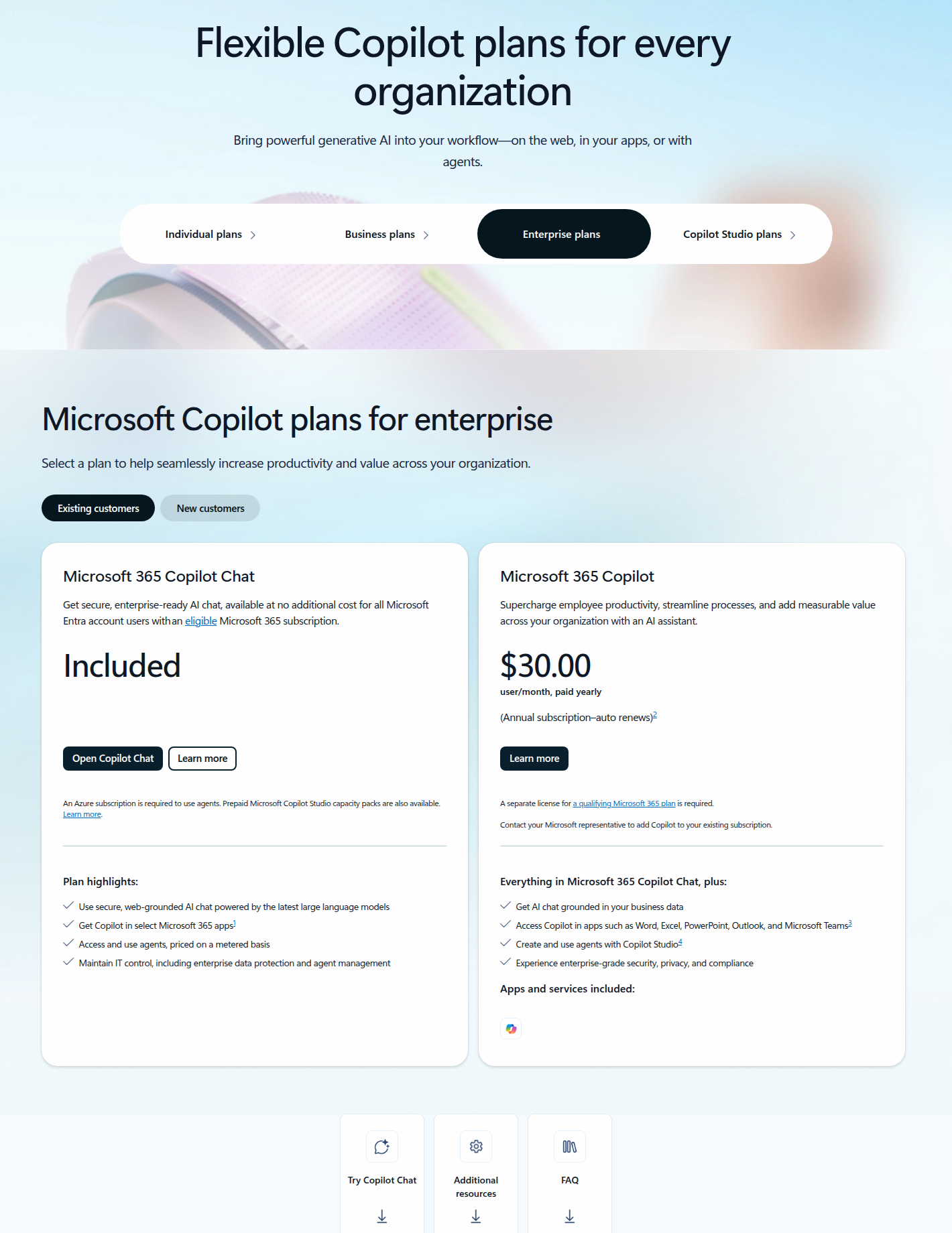 Pricing-страница Microsoft 365 Copilot с блоками Copilot Chat Included и Microsoft 365 Copilot за 30 долларов в месяц