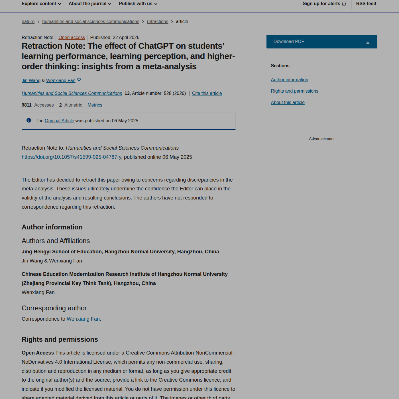 Страница официальной retraction note Springer Nature с объяснением, что статью сняли из-за discrepancies in the meta-analysis