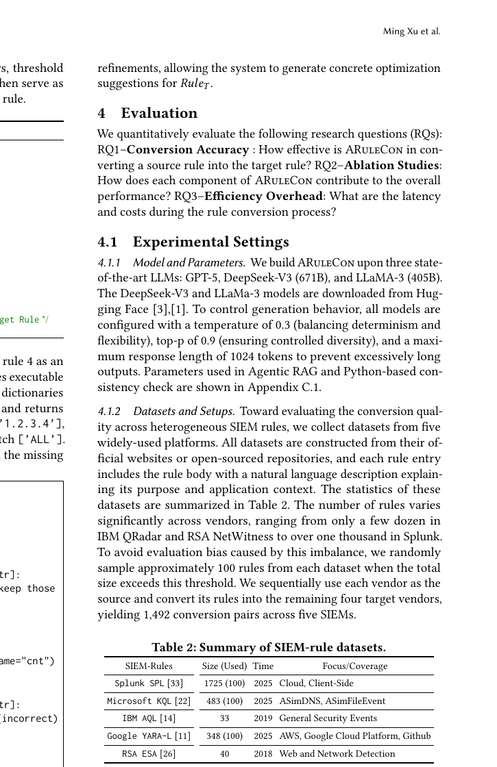 Evaluation-блок paper ARuleCon с описанием 1492 conversion pairs и таблицей SIEM-rule datasets across five platforms