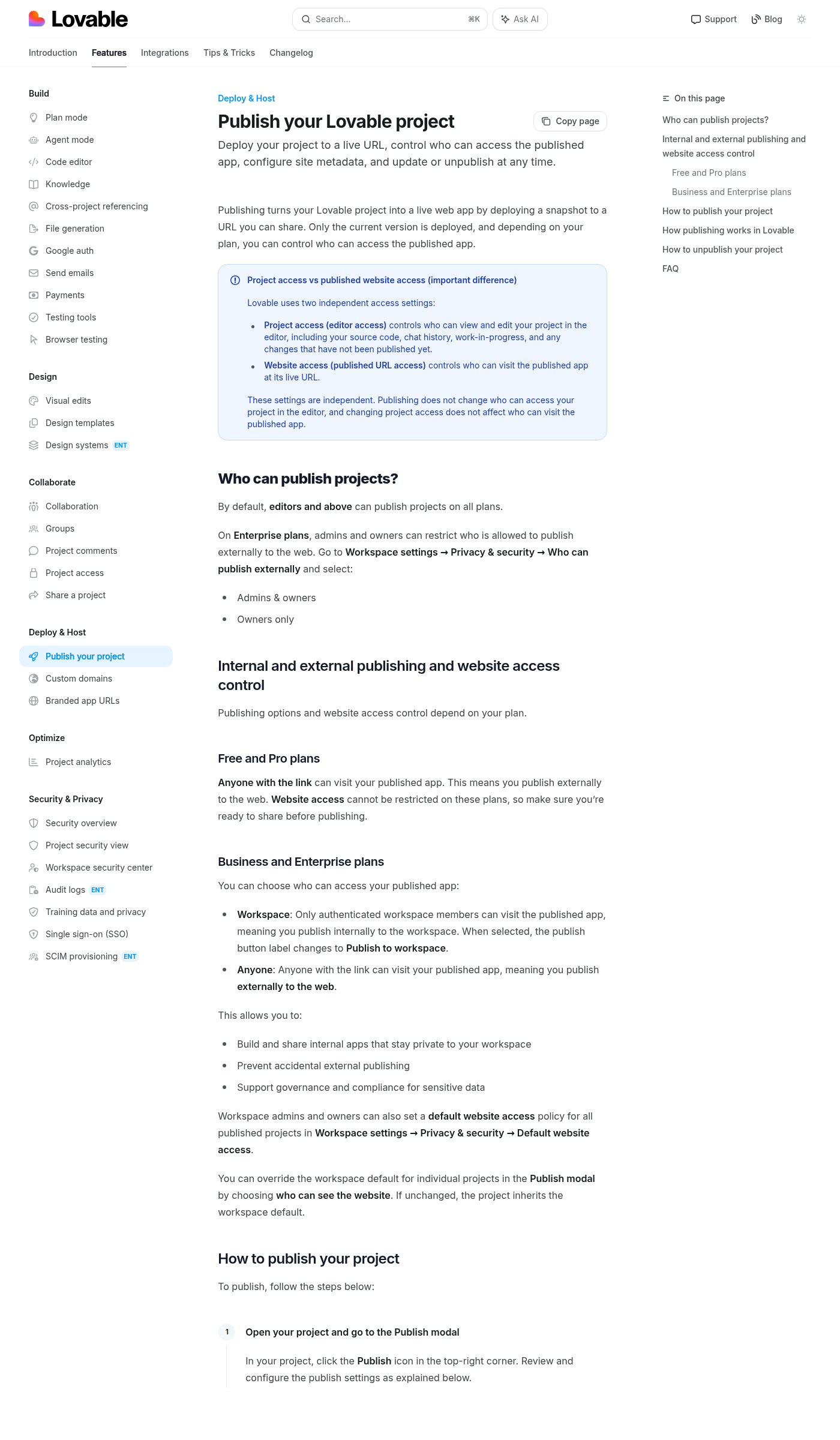 Документация Lovable Publish с описанием public access и Website access на разных планах