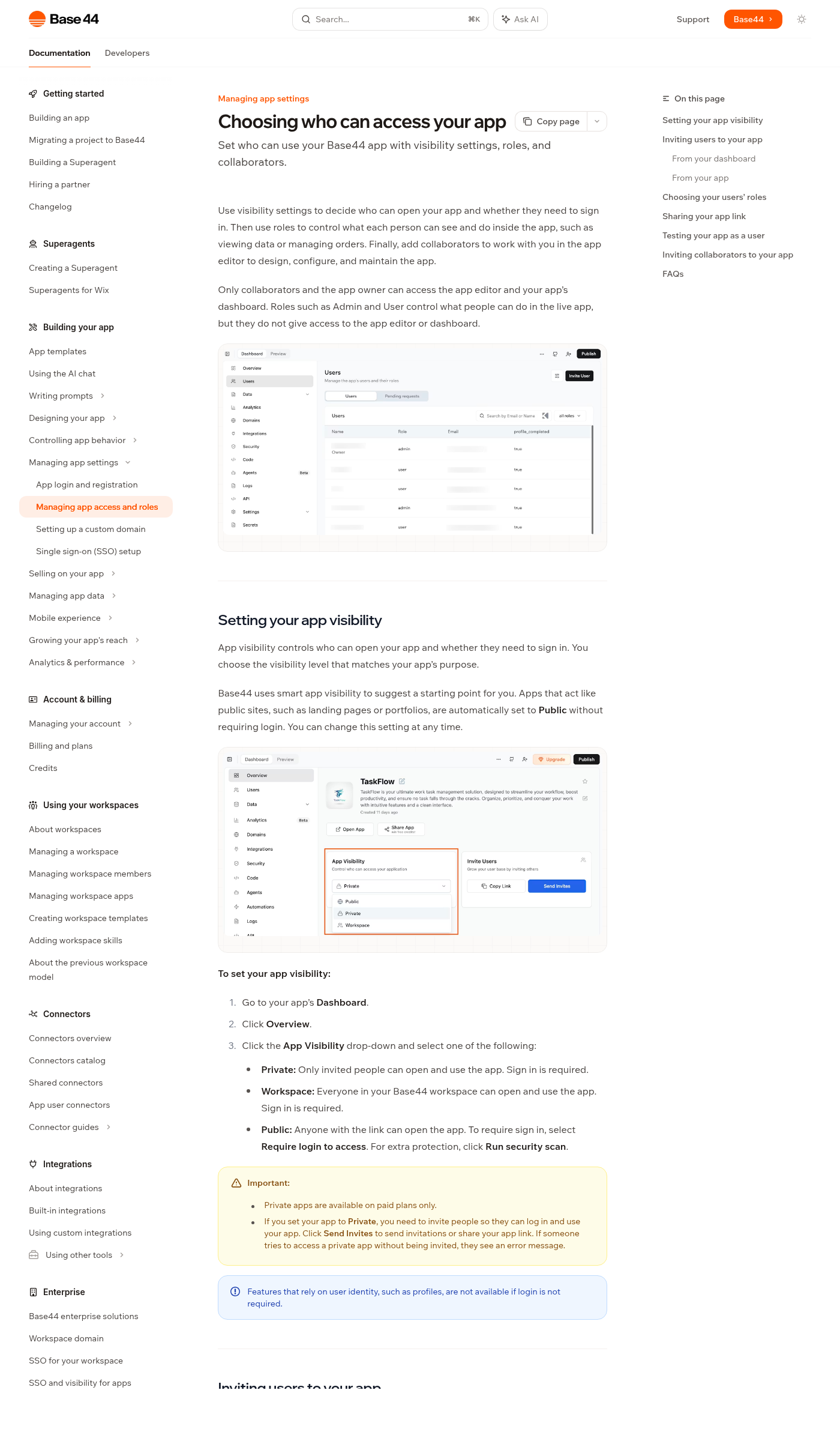 Документация Base44 с настройками App Visibility: Private, Workspace, Public и Require login