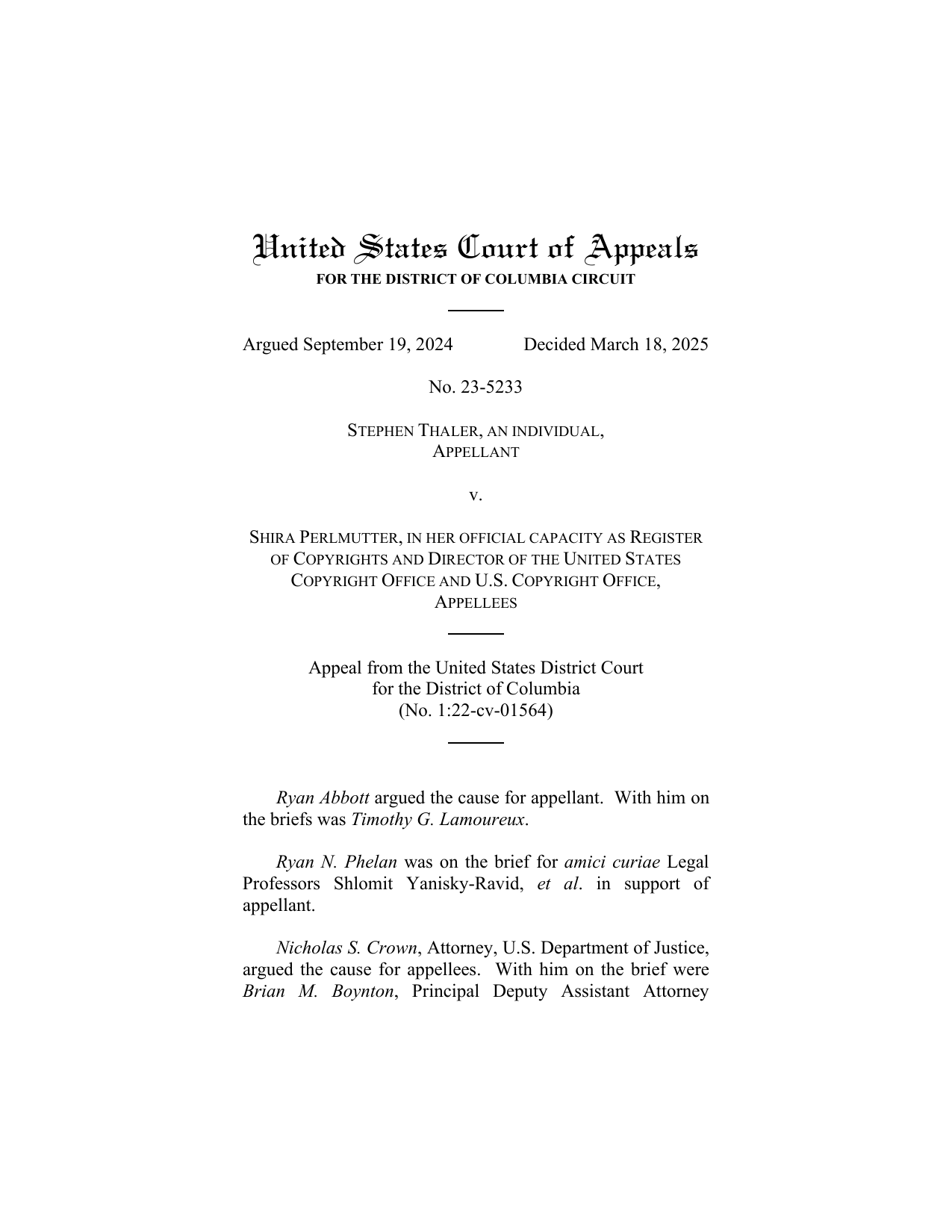 Первая страница решения D.C. Circuit по делу Thaler v. Perlmutter от 18 марта 2025 года