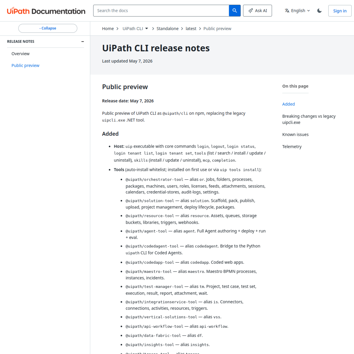 Страница UiPath CLI release notes с public preview npm-пакета @uipath/cli