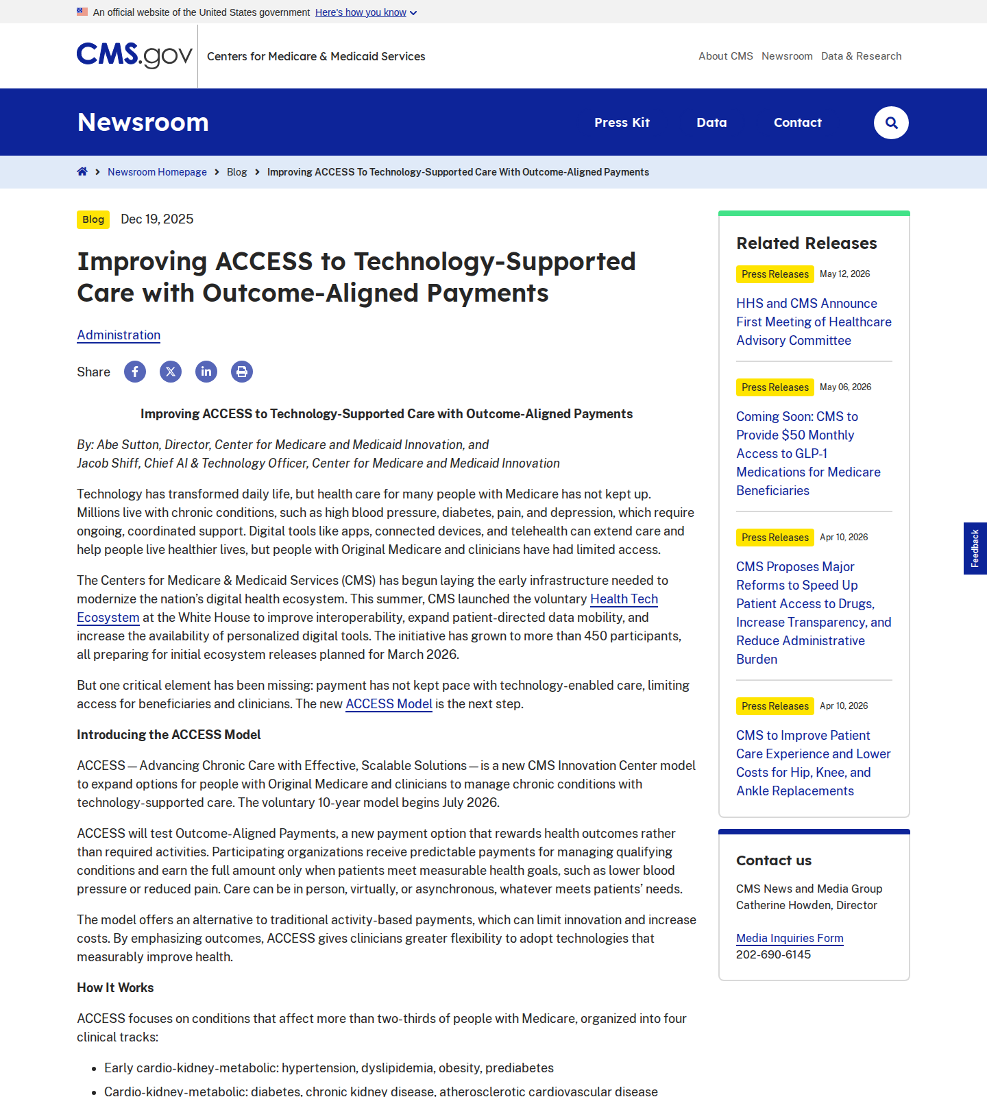 Официальная страница CMS с блог-постом Improving ACCESS to Technology-Supported Care with Outcome-Aligned Payments
