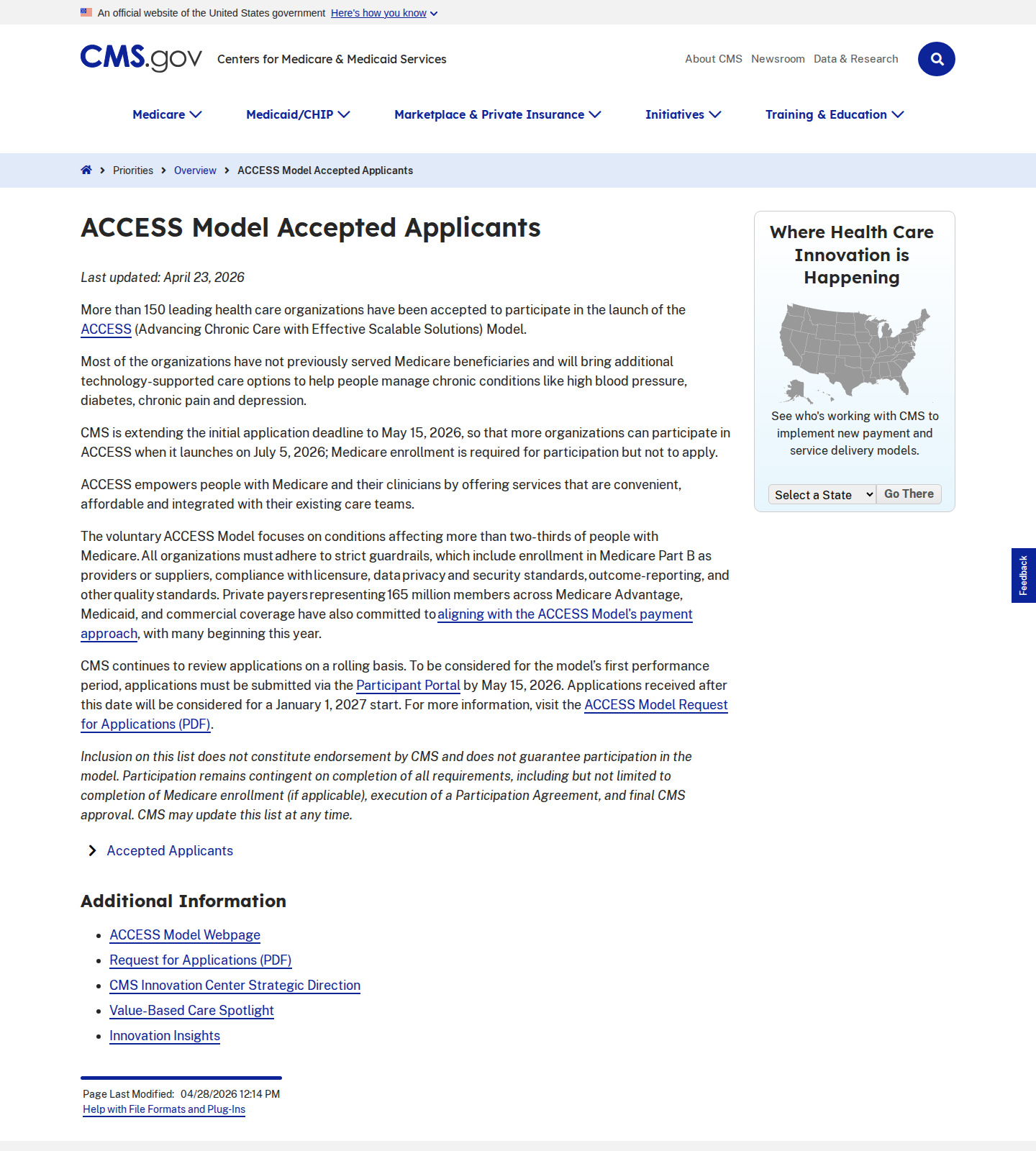 Страница CMS ACCESS Model Accepted Applicants с указанием более 150 организаций и привязкой к 165 миллионам участников payer pledge