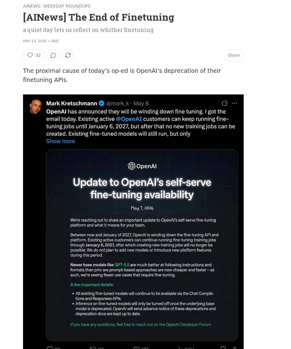 Статья Latent Space The End of Finetuning со встраиваемой OpenAI-card про сворачивание self-serve fine-tuning