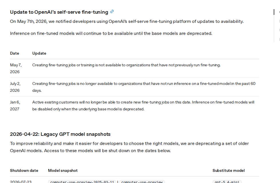 Официальный раздел OpenAI Developers Deprecations с таймлайном по self-serve fine-tuning: 7 мая 2026, 2 июля 2026 и 6 января 2027