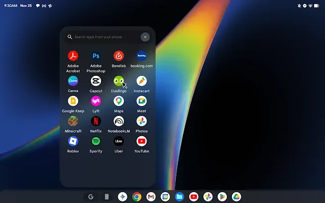 Меню приложений телефона на экране Googlebook в режиме Cast My Apps