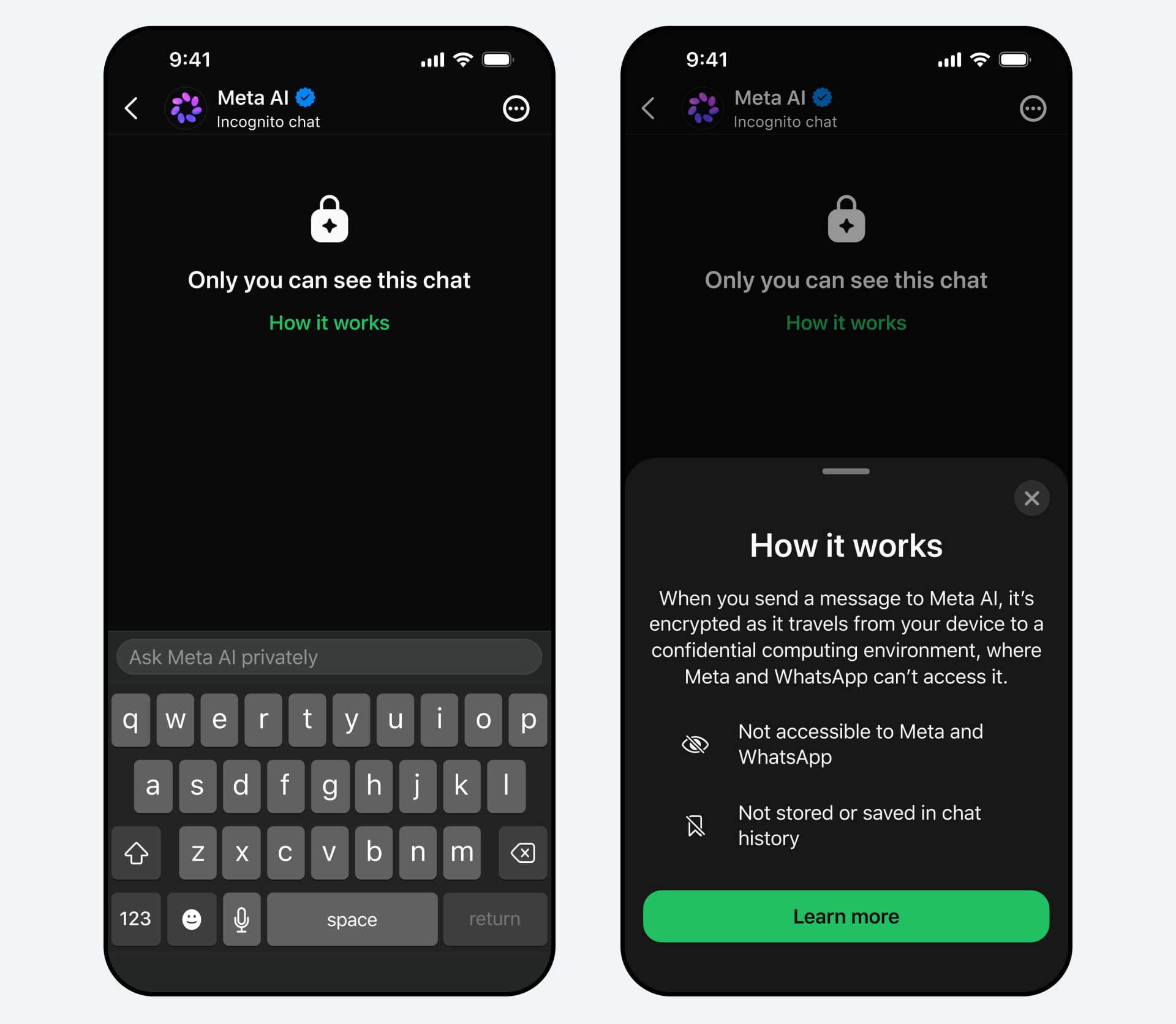 Интерфейс Incognito Chat with Meta AI в WhatsApp с пояснением, что содержимое чата видно только пользователю