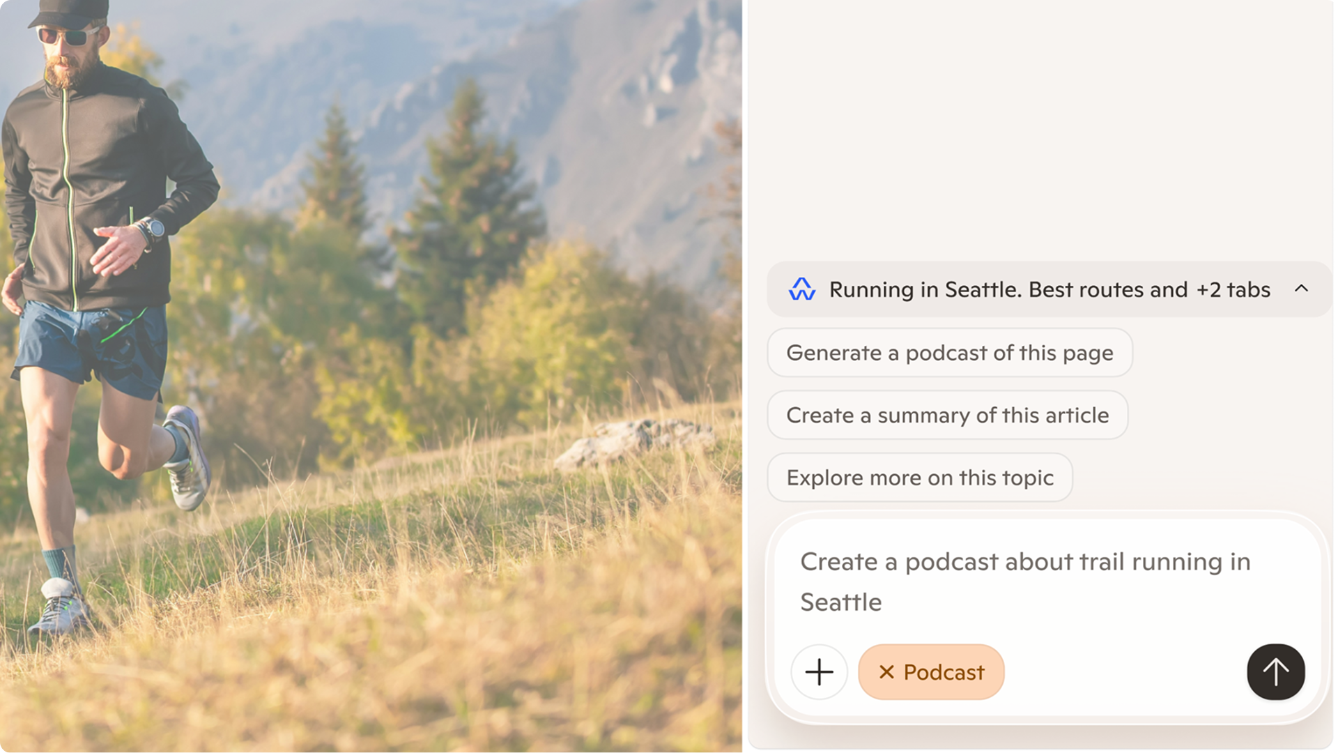 Официальная демонстрация Podcasts in Edge, где Copilot предлагает создать подкаст по теме trail running in Seattle