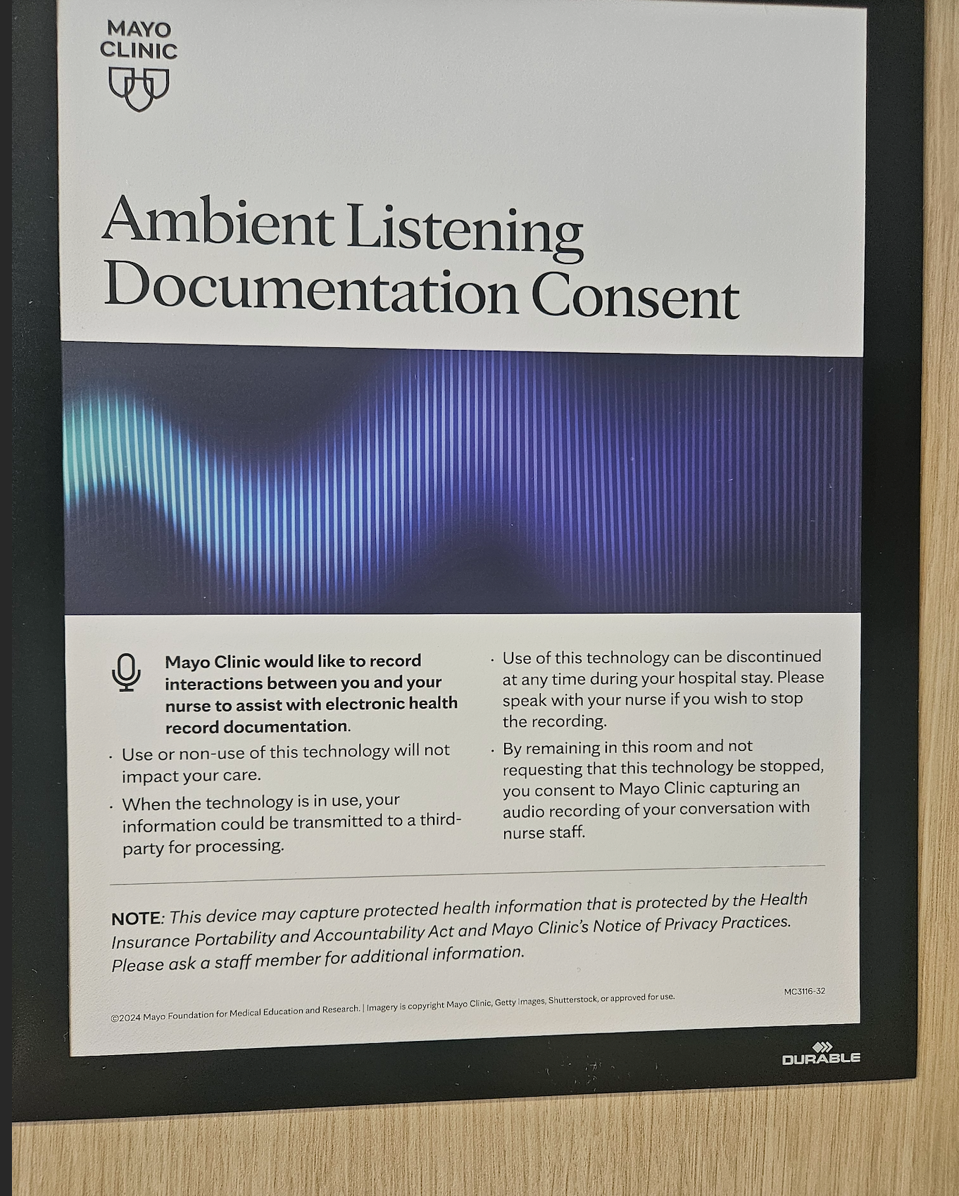 Фото уведомления Mayo Clinic Ambient Listening Documentation Consent о записи разговора пациента с медсестрой