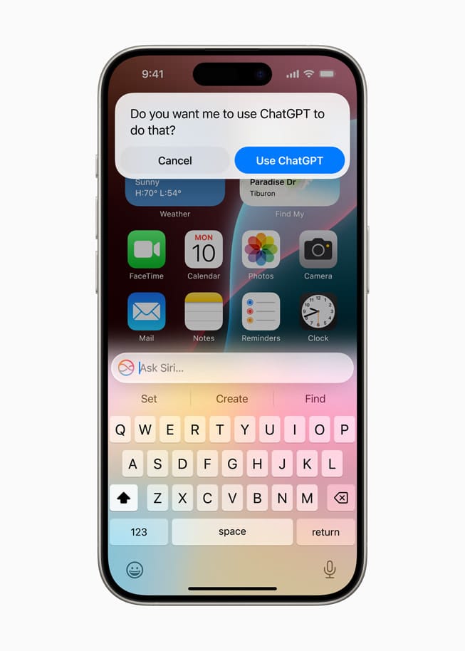 Siri запрашивает разрешение использовать ChatGPT на iPhone