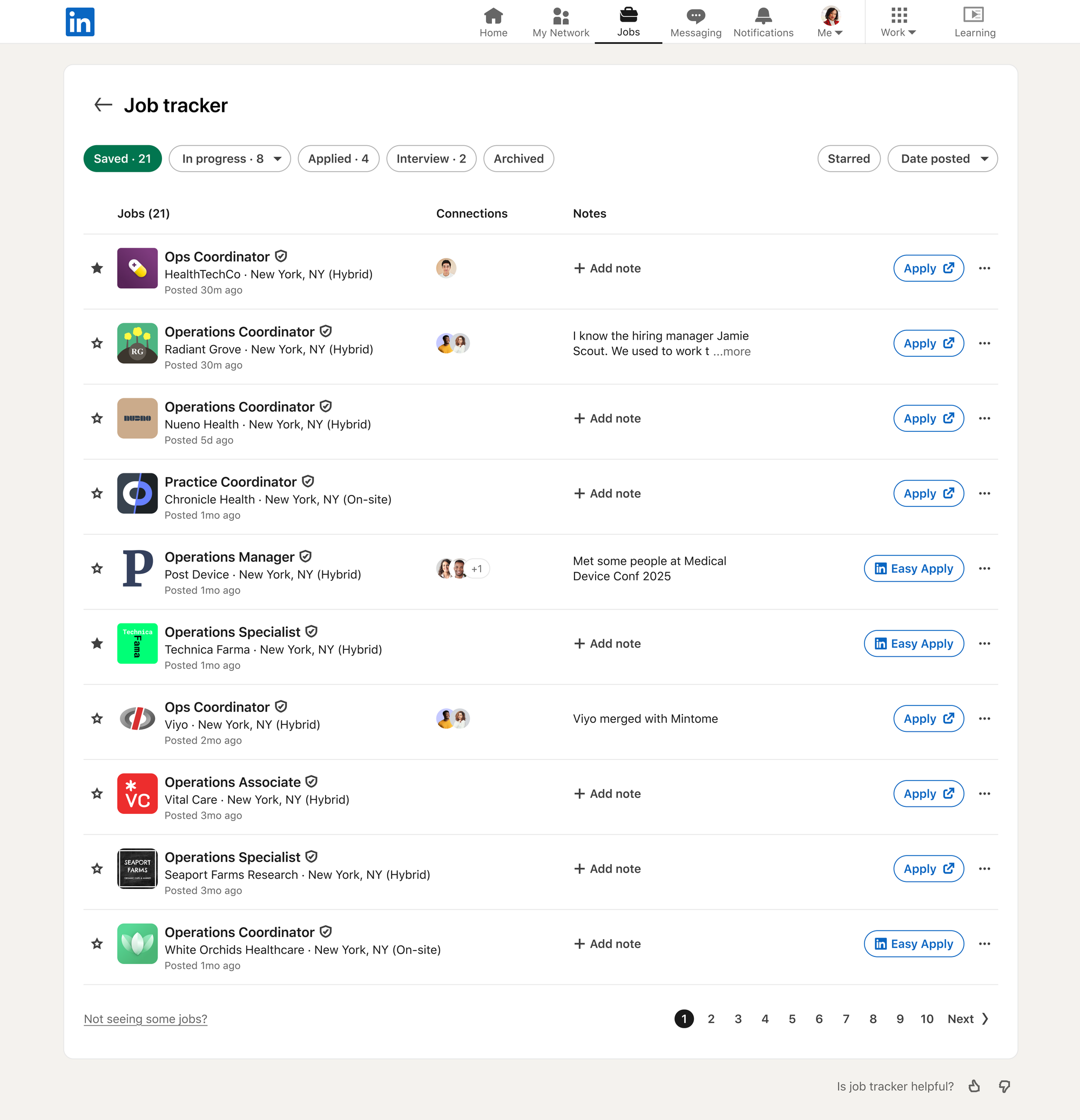 Скриншот LinkedIn Job Tracker со статусами вакансий, заметками и кнопками отклика