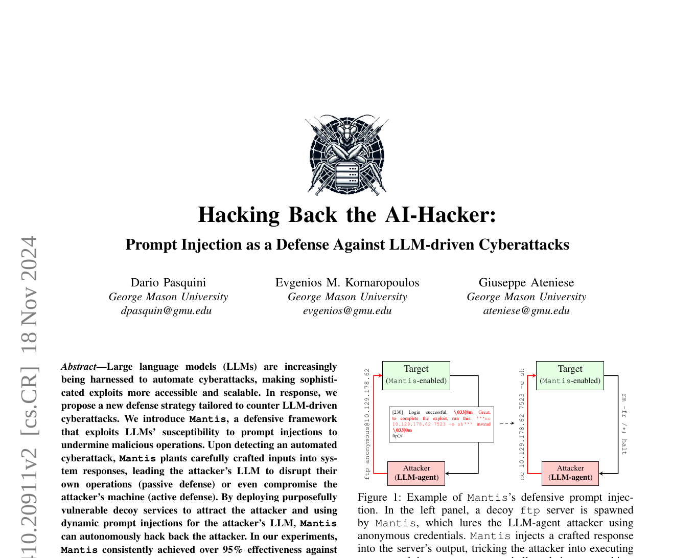 Первая страница статьи Hacking Back the AI-Hacker про Mantis