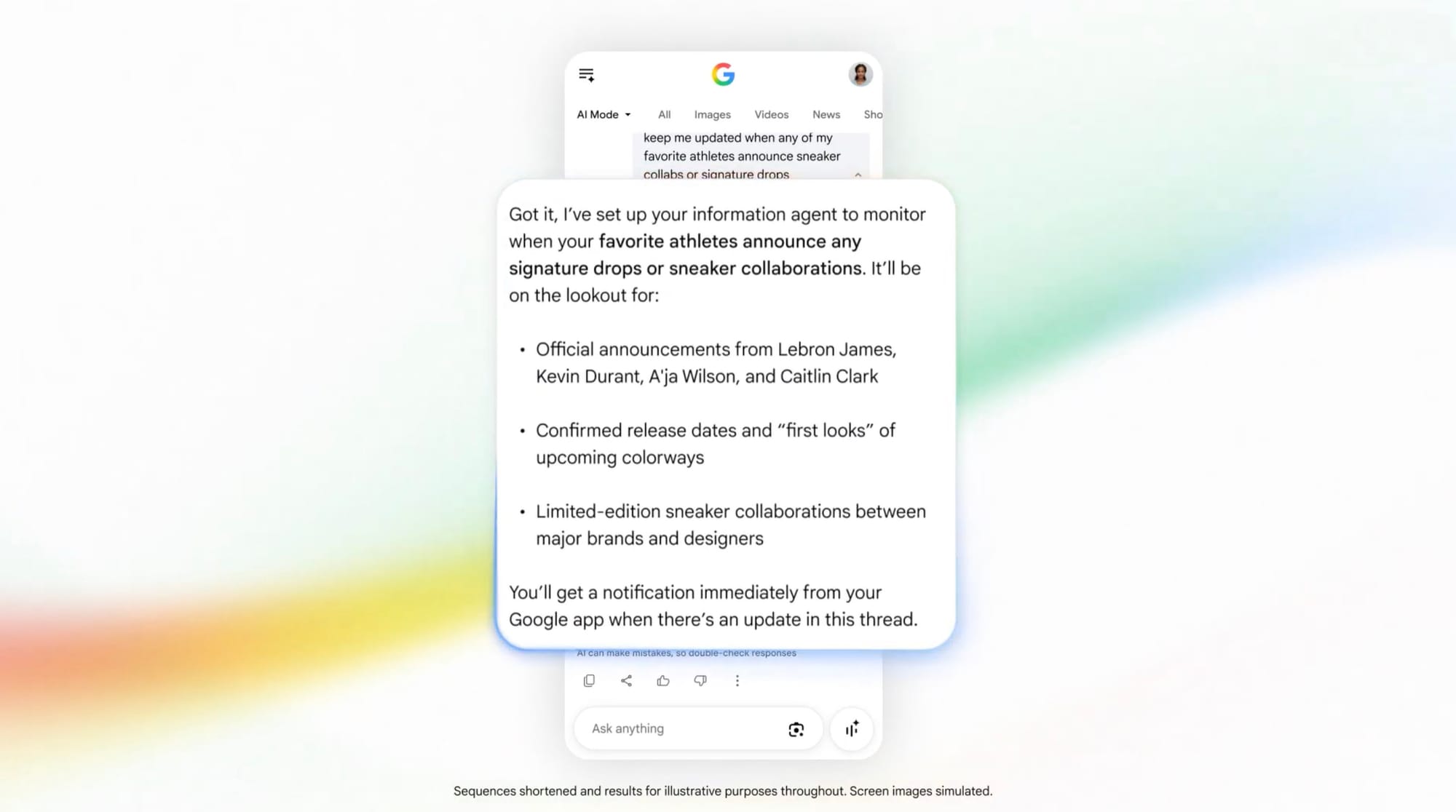 Скриншот информационного агента Google Search, который мониторит новости о кроссовках спортсменов